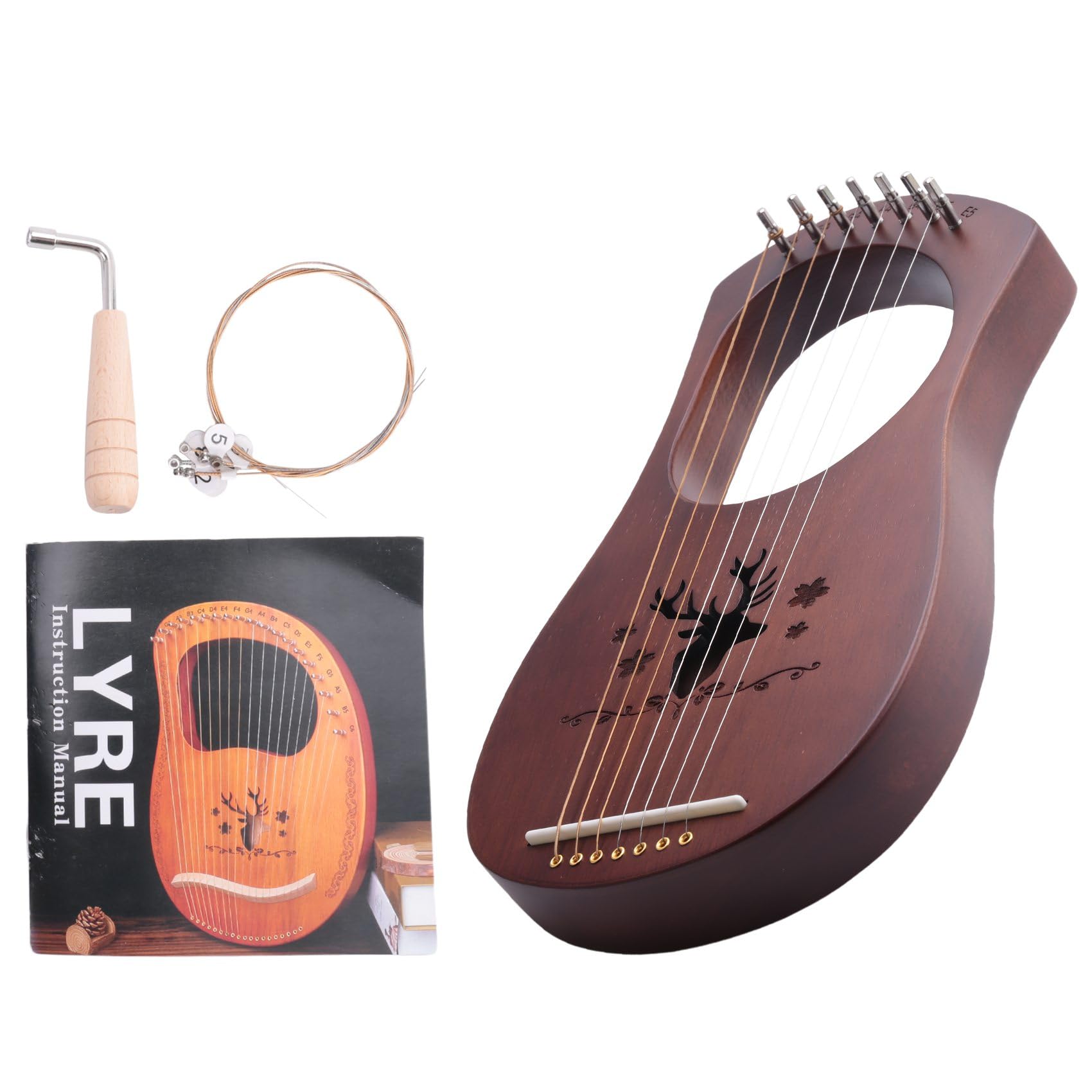 Lyre Harpe Acajou 7 Cordes en Bois Massif Métal Instruments à Cordes Marron