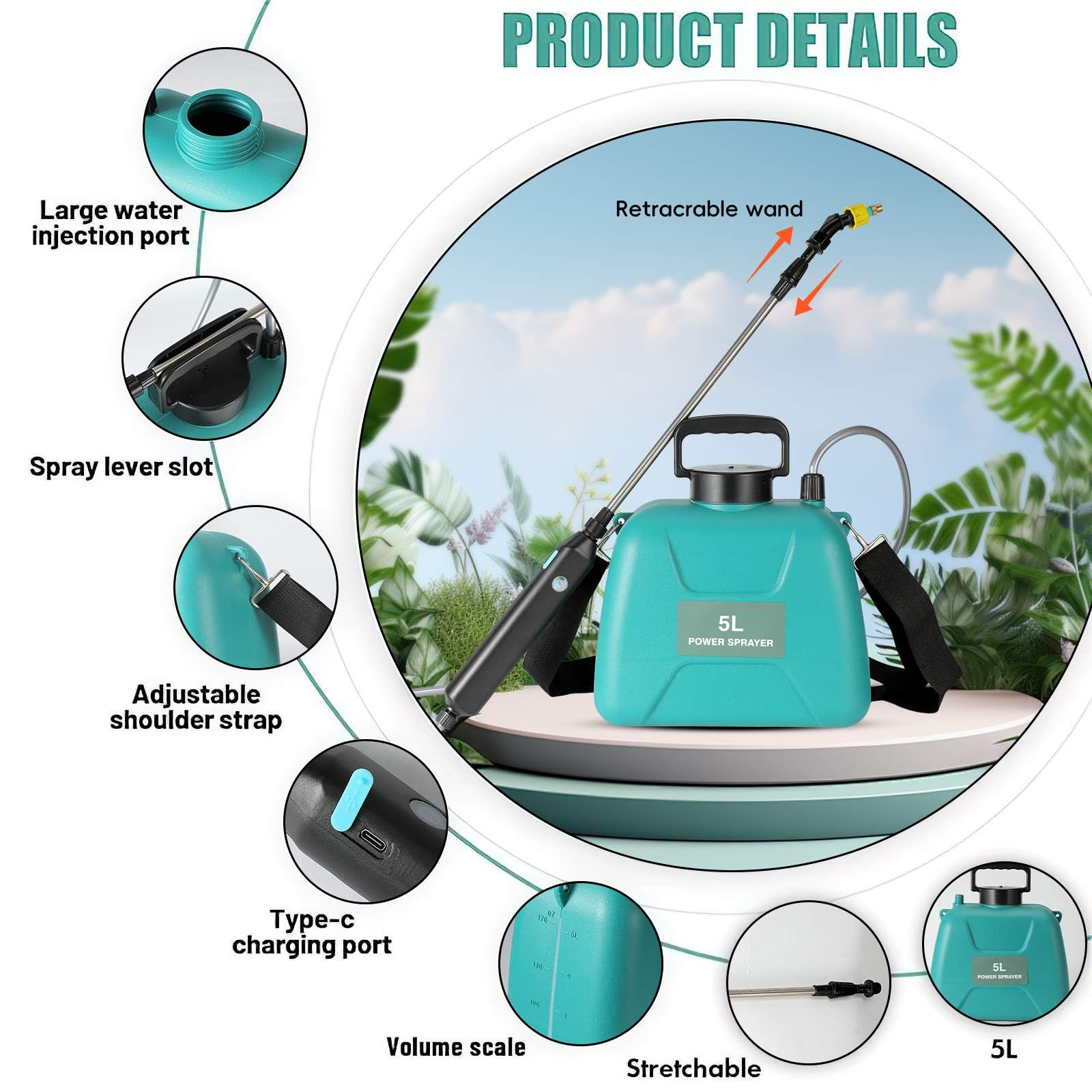 Pulvérisateur électrique 5L, Pistolet pulvérisateur télescopique Rechargeable avec 2 Buses, Capuchon à Large Bouche, Batterie 2400 mAh pour Le Nettoyage par pulvérisation des Plantes de Jardin (5 L)