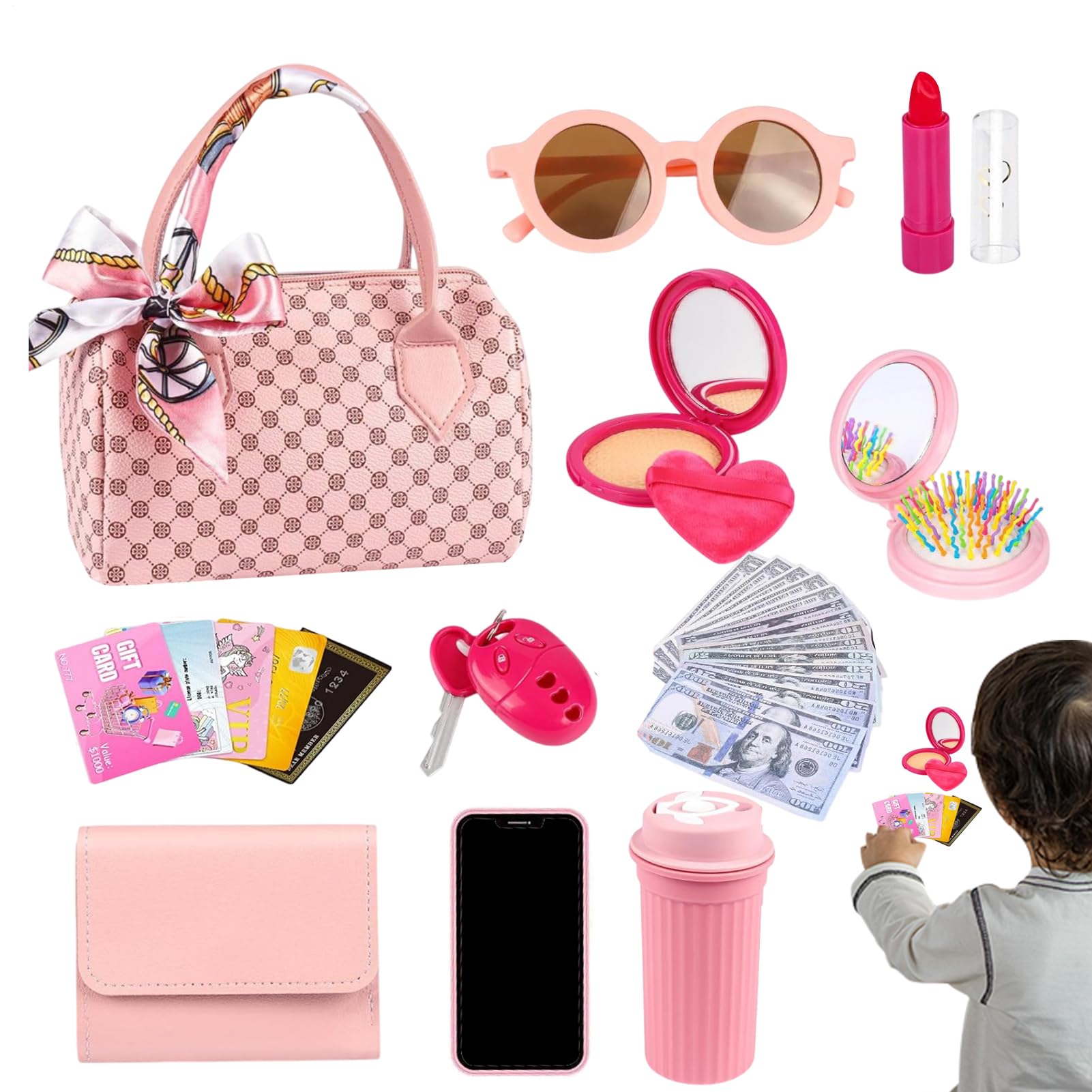 Porte-Monnaie de Jeu : Ensemble de Maquillage avec téléphone Jouet, Porte-Monnaie pour Petites Filles pour sœurs, camarades de Classe, d'âge préscolaire de 3 à 6 Ans, Petite-Fille