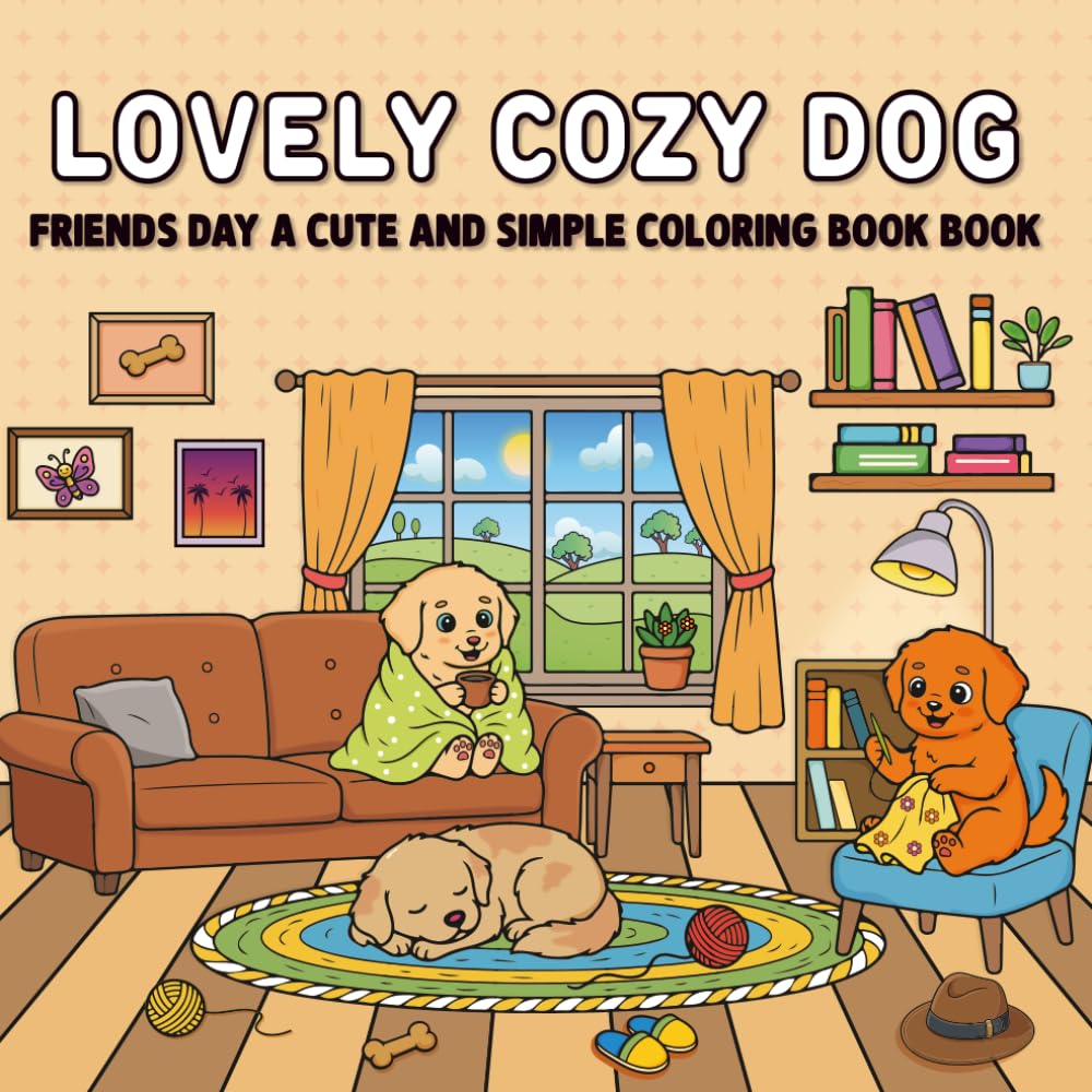 Lovely cozy dog friends day: Simple coloring book Designs and Relaxing Fun for Kids Teens and Adults