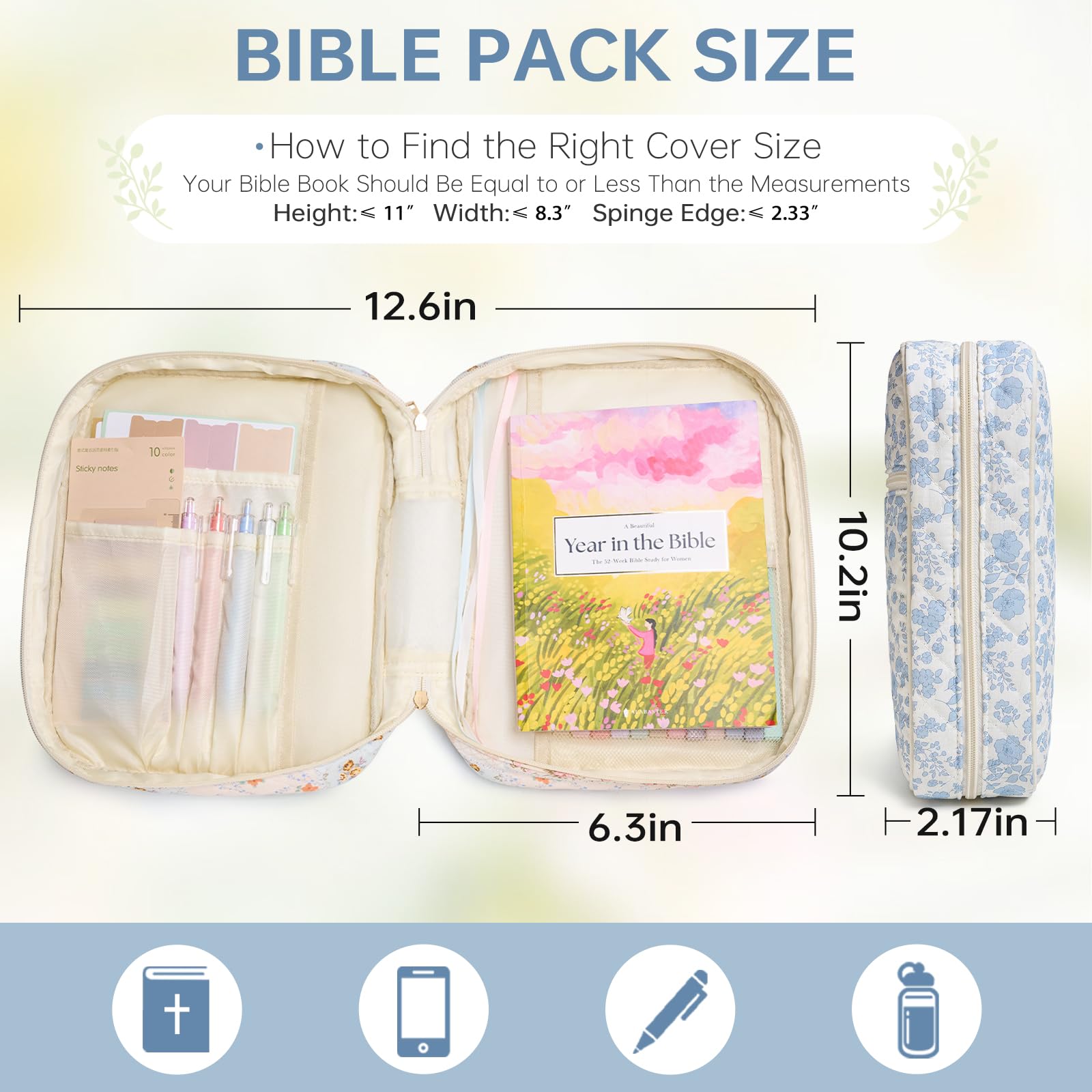 Funda para la Biblia para mujer, funda de bolsa de la Biblia con asa duradera, funda acolchada para transporte de la Biblia para niñas, accesorios de estudio de la Biblia (flor azul)