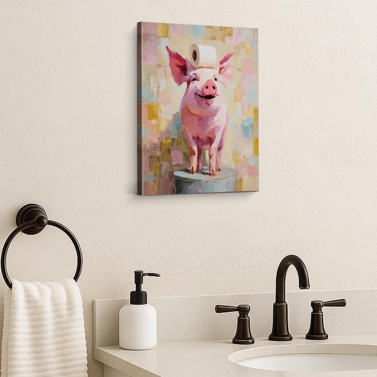 APOHBGV Funny Pig Bathroom Canvas Wall Art Cute Animal and Toilet Paper Themed Artwork Abstract Wall Decoration for Restroom Nursery Home 8x10 Inch