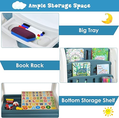 Miniatura 8 de Costzon Caballete de arte 3 en 1 para niños, pizarra magnética de borrado en seco de doble cara y estante para libros para niños con silla y