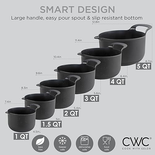 Miniatura 5 de COOK WITH COLOR Nesting - Juego de cuencos de plástico para mezclar con boquillas y asas, negro moteado, 6 piezas antideslizantes