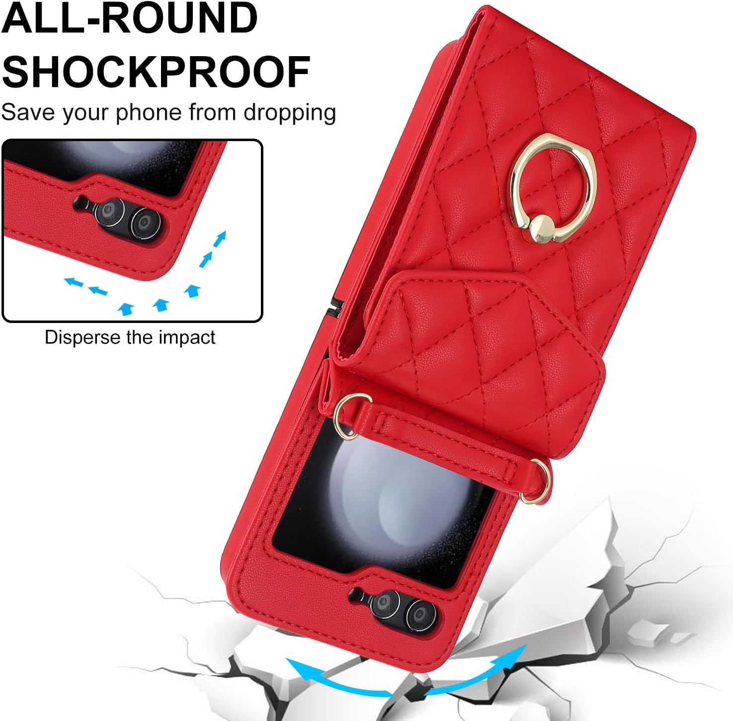 for Samsung Galaxy Z Flip 6 Wallet Phone Case with Ring and Adjustable Crossbody Strap, Stylish and Muti-funtional Accordion Style Flip Case with 4 Card Slots .（Red）