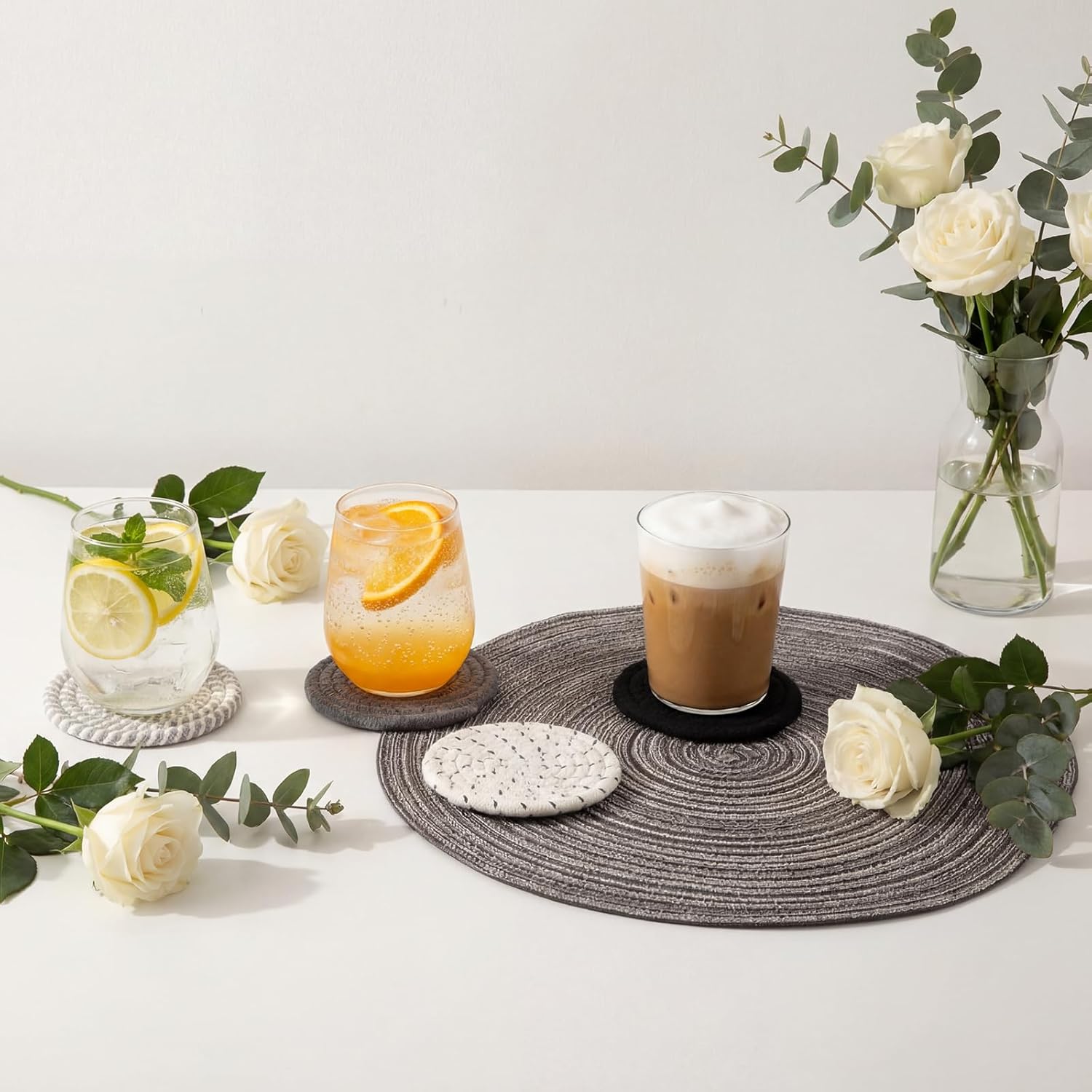 17 Pcs Drink Coaster Placemat Set with Holder, 4 Colors Heat Resistant Absorbent Woven Cotton 4.3'' Coasters for Drinks 15'' Round Placemats for Dining Living Room Tabletop Protection(Dark Color)