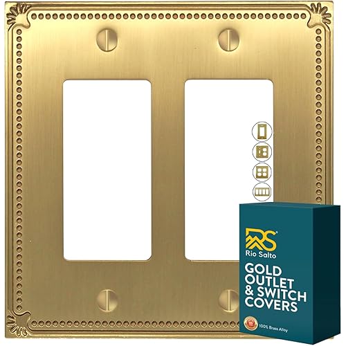 Rio Salto Double Rocker Light Switch Cover Plate Outlet Covers 2 Gang Decorator GFCI Brushed Brass Gold Metal Decorative Beaded — Pearl Collection Midsize 5.00" X 5.00"