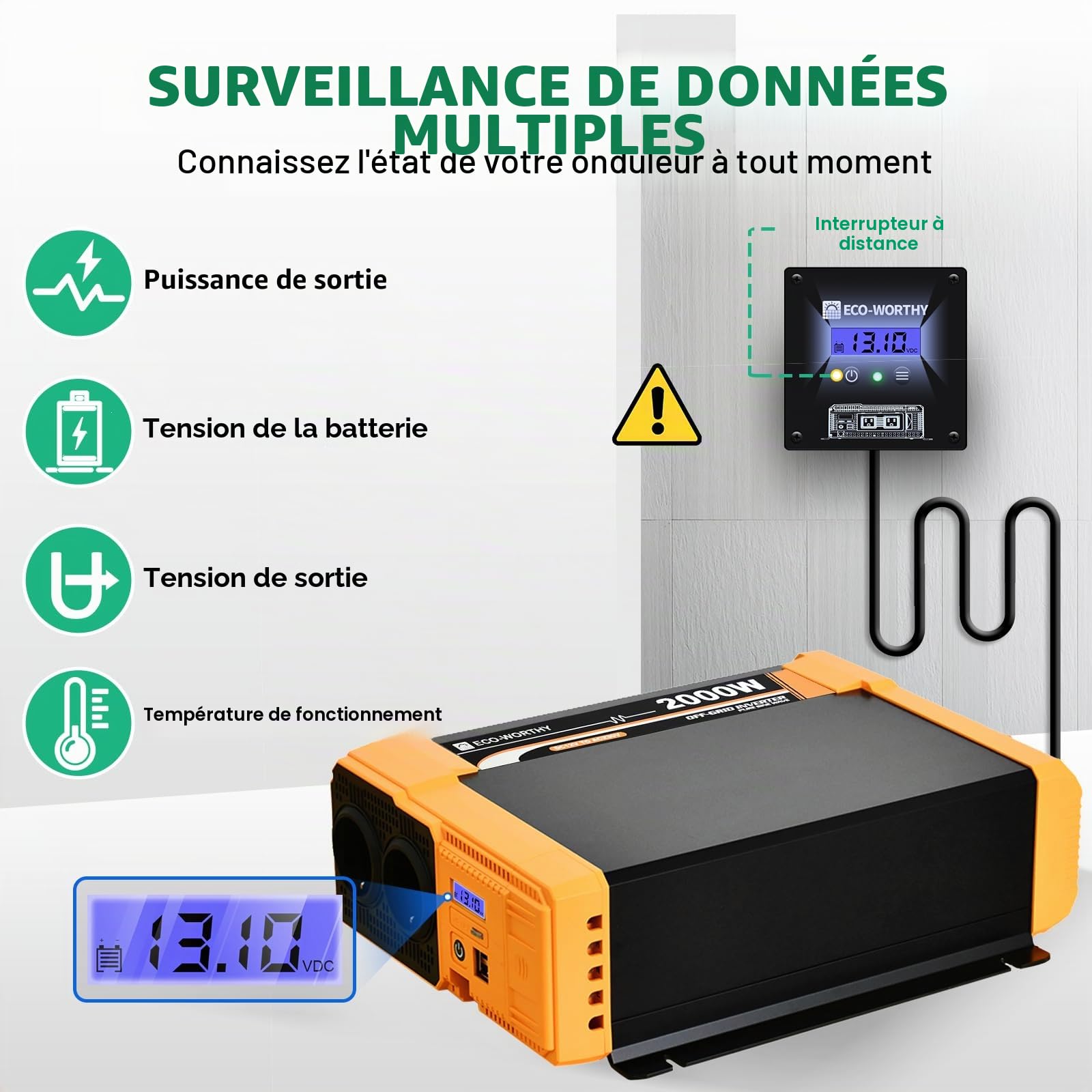 ECO-WORTHY Onduleur sinusoïdal pur 12 V 2000 W, 95 % efficace, double port USB 18 W, 2 prises AC, 1 pince de serrage et 1 fusible 100 A, Moderne, Navy, White