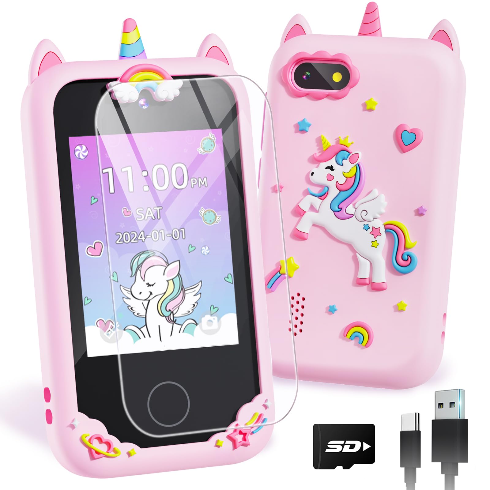 BAISIQI Teléfono infantil para niñas, juguetes de unicornio para niñas de 3, 4, 5, 6, 7, 8 años, regalos de cumpleaños de Navidad, juguetes de aprendizaje para niños de 3 a 8 años, teléfono con cámara
