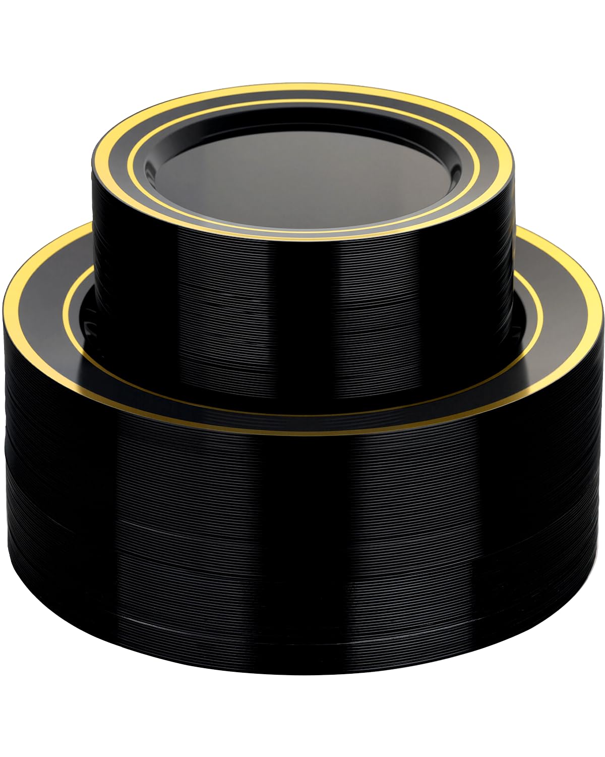 Goodluck 200 PCS Black Plastic Plates with Gold Rim, Heavy Duty Disposable Black Plates with 100 10.25 inch Dinner Plates and 100 7.5 inch Dessert Plates for Party, Holiday, Wedding