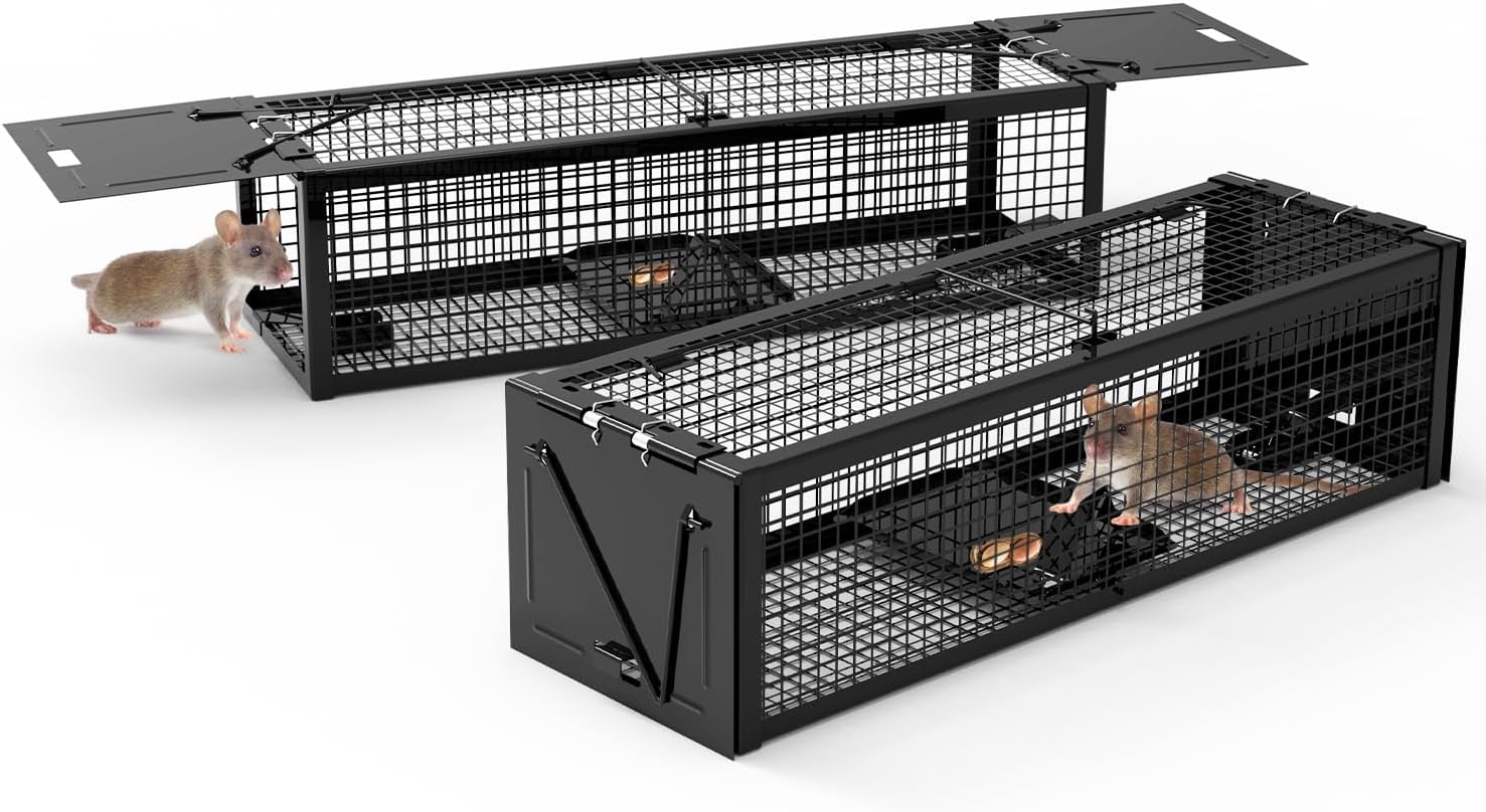 TeqHome 2Pcs Humane Rat Cage Trap, 2-Door Metal Live Animal Trap Cage, Upgraded Humane Catch Release Rodent Cages, Indoor Outdoor Live Traps for Squirrels, Mouse, Rats, Mice, 15" x 4.7" x 3.9" (Black)