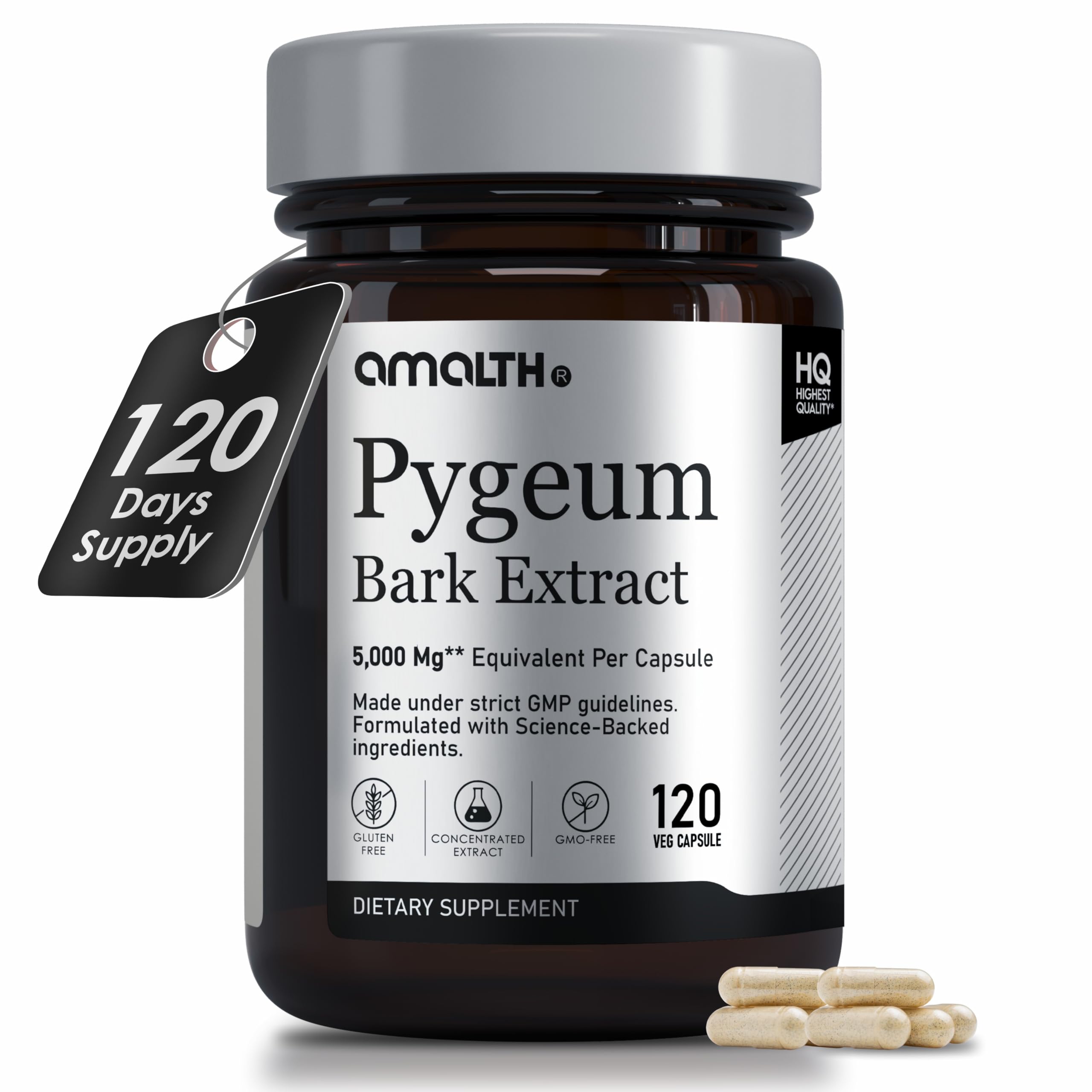 Amalth Pygeum Bark Extract Powder Higher Potency (6.5% phytosterols)- Herbal Supplements 120 Capsules (Non –GMO)