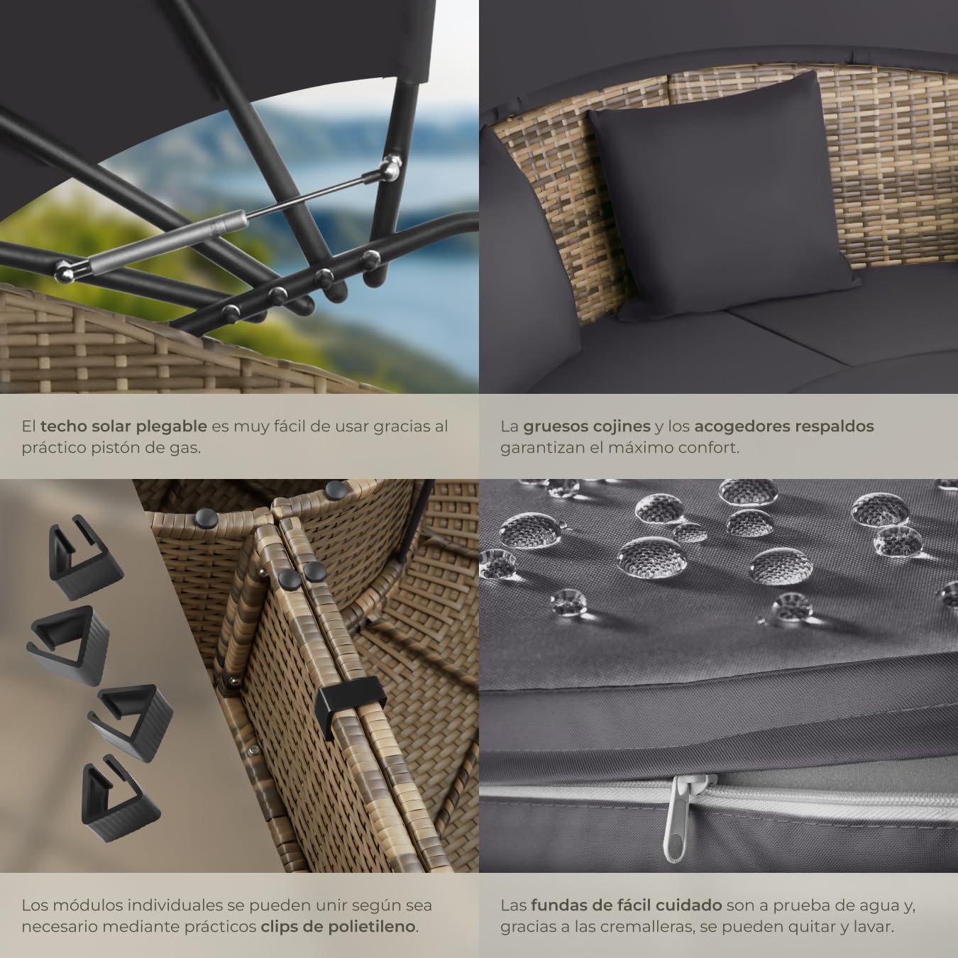 tectake® Isla de Ratán con Cojines, Conjunto Jardín con Toldo Corredizo Plegable, Muebles Jardín Exterior con Estructura en Acero y Resistente a Rayos UV, Conjunto Terraza Combinable - Beige