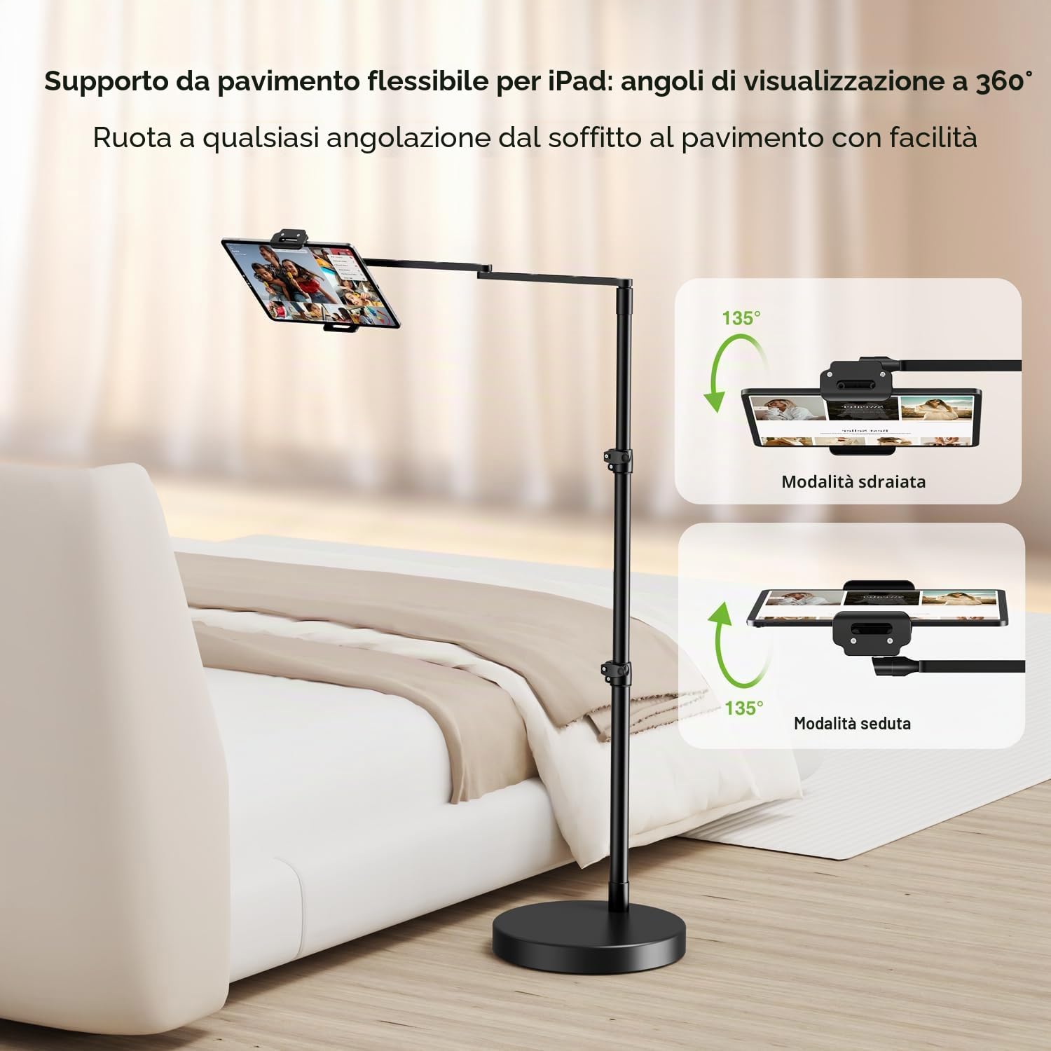elitehood Supporto da pavimento regolabile per tablet con base resistente, supporto orizzontale da 24 pollici per iPad da pavimento per letto e divano, compatibile con iPad mini Air Pro 13/4,7-13