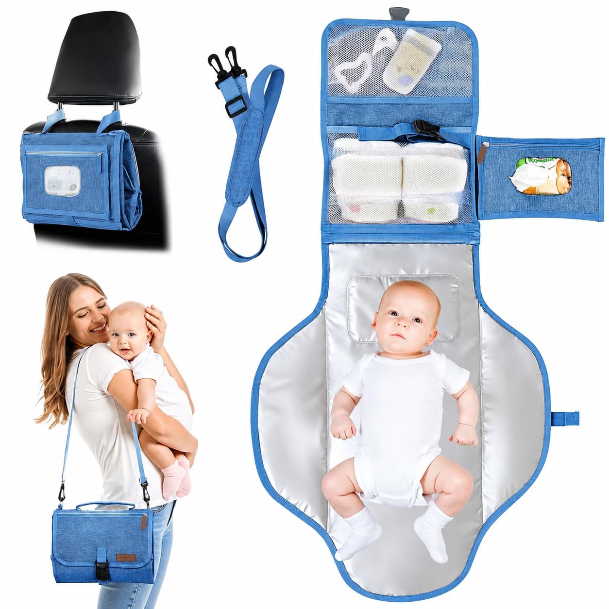 Portable Baby Changing Pad with Wipes Pocket, Waterproof Travel Baby Changing Mat, Foldable Portable Diaper Changing Pad Bag with Storage Pockets, Memory Foam Cushion for Nappy Changes (Blue)