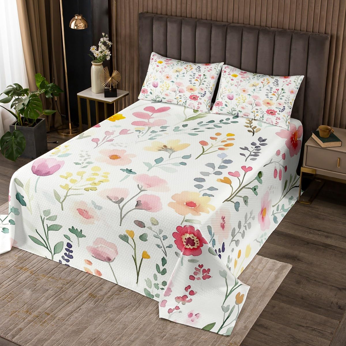jejeloiu Cute Floral Colorful Bedspread for Kids Boys Girls,King Size,Spring Boho Coverlet Set,Wildflower Pink Watercolor Quilted Coverlet,Funky Trendy Plant Bedspread Cover,Bedroom Decor,Colorful