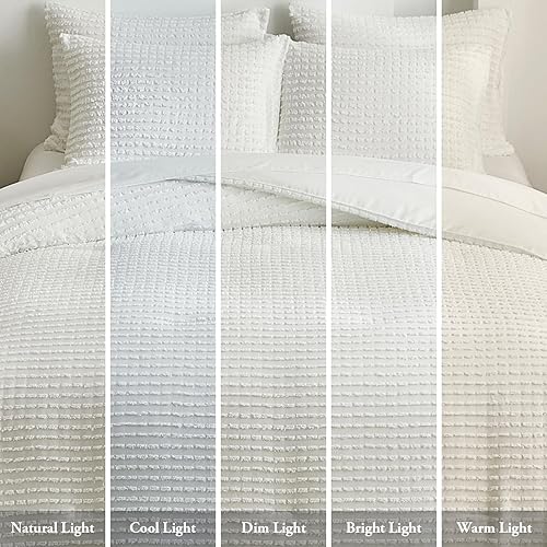 Miniatura 8 de WARMDERN Juego de edredón tamaño King, edredón blanco bohemio a rayas, edredón ligero de microfibra alternativa al plumón, juego de ropa de cama