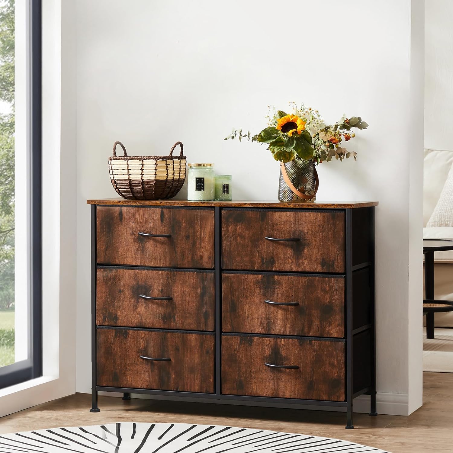 Sweetcrispy Dresser for Bedroom, TV Stand, 6-Drawer Fabric Storage Cabinet with Open Shelves, Console Table, Entertainment Center and Closet Organizers for Living Room Furniture, Brown
