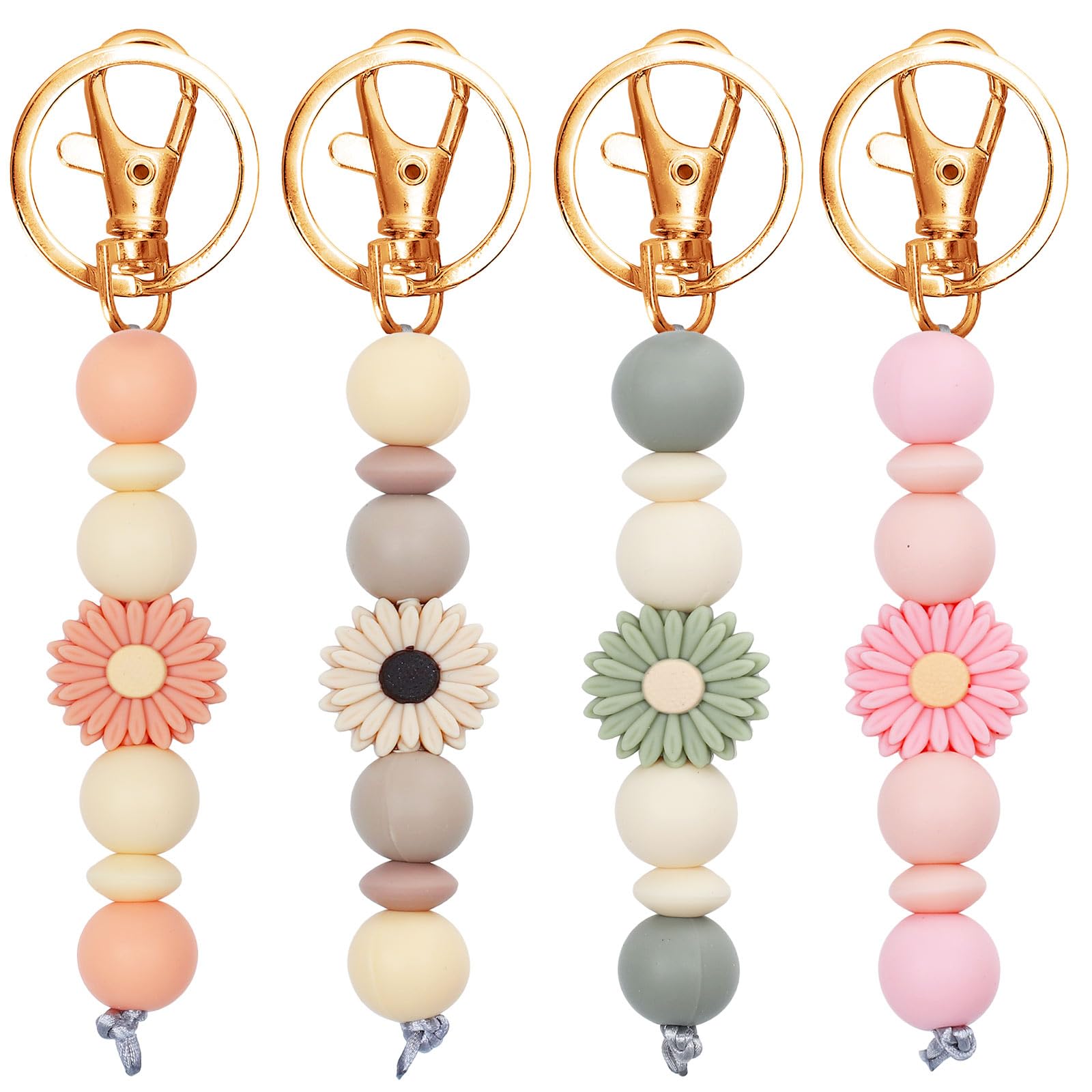 Whaline4Pcs Flower Silicone Beaded Keychain Daisy Key Ring Holder Daisy Silicone Keychain Tassel Car Key Ring Holder Decoration for Car Keys Purse Backpack Bag Ornament