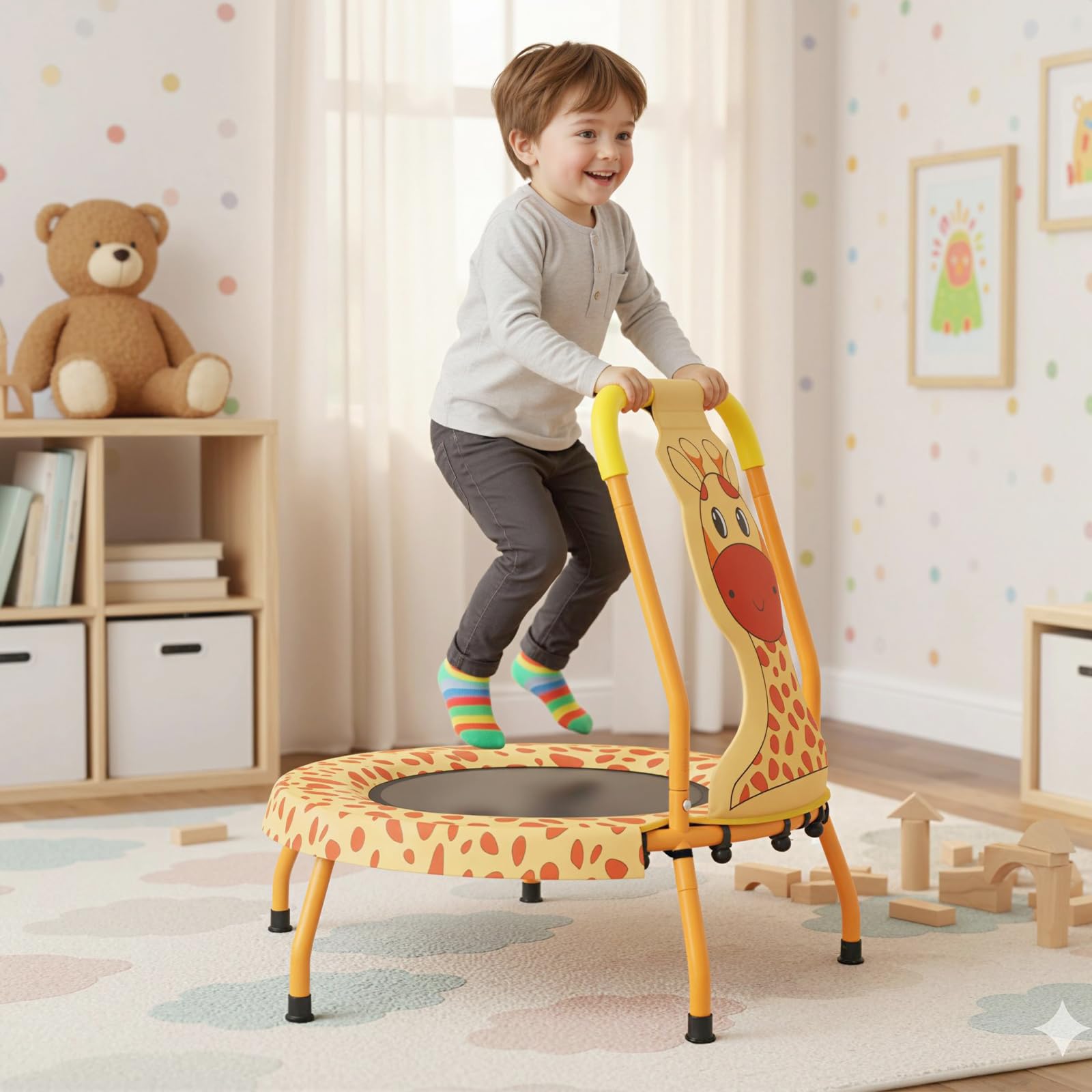 COSTWAY φ71cm Trampoin Kinder, Min-Trampolin mit Griff & Randabdeckung, Kindertrampolin mit Astronauten-Motiv, Fitness Trampolin Indoor, Trampolin-Rebounder für 3-6 Jahren Jungen & Mädchen
