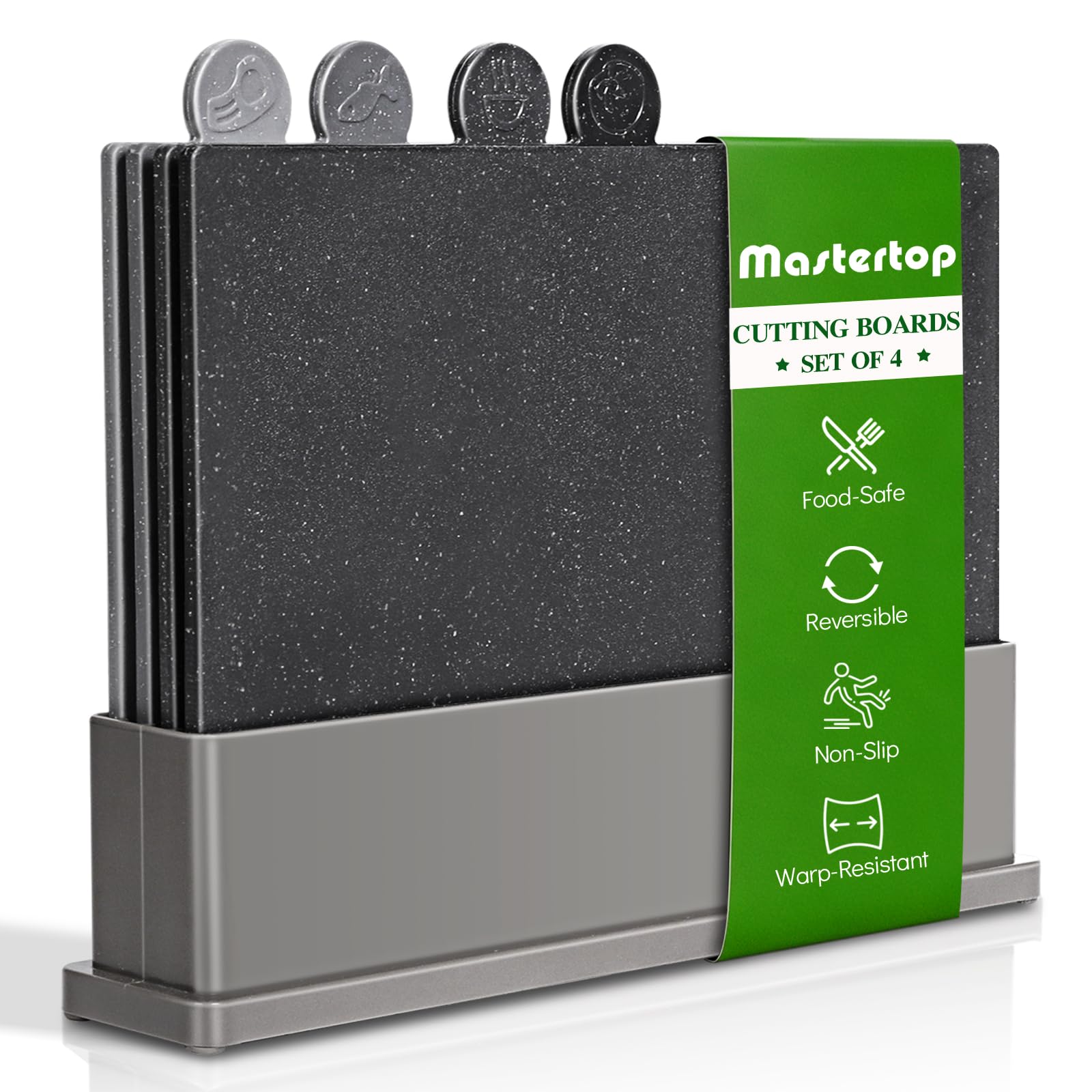 MASTERTOP Schneidebrett-Set für Küchenhalter – Index Kunststoff Schneidebrett Set von 4 Stück, BPA-frei, rutschfest, dickere Schneidebretter mit Abtropfgestell-Organizer, extra 4 flexible Matte