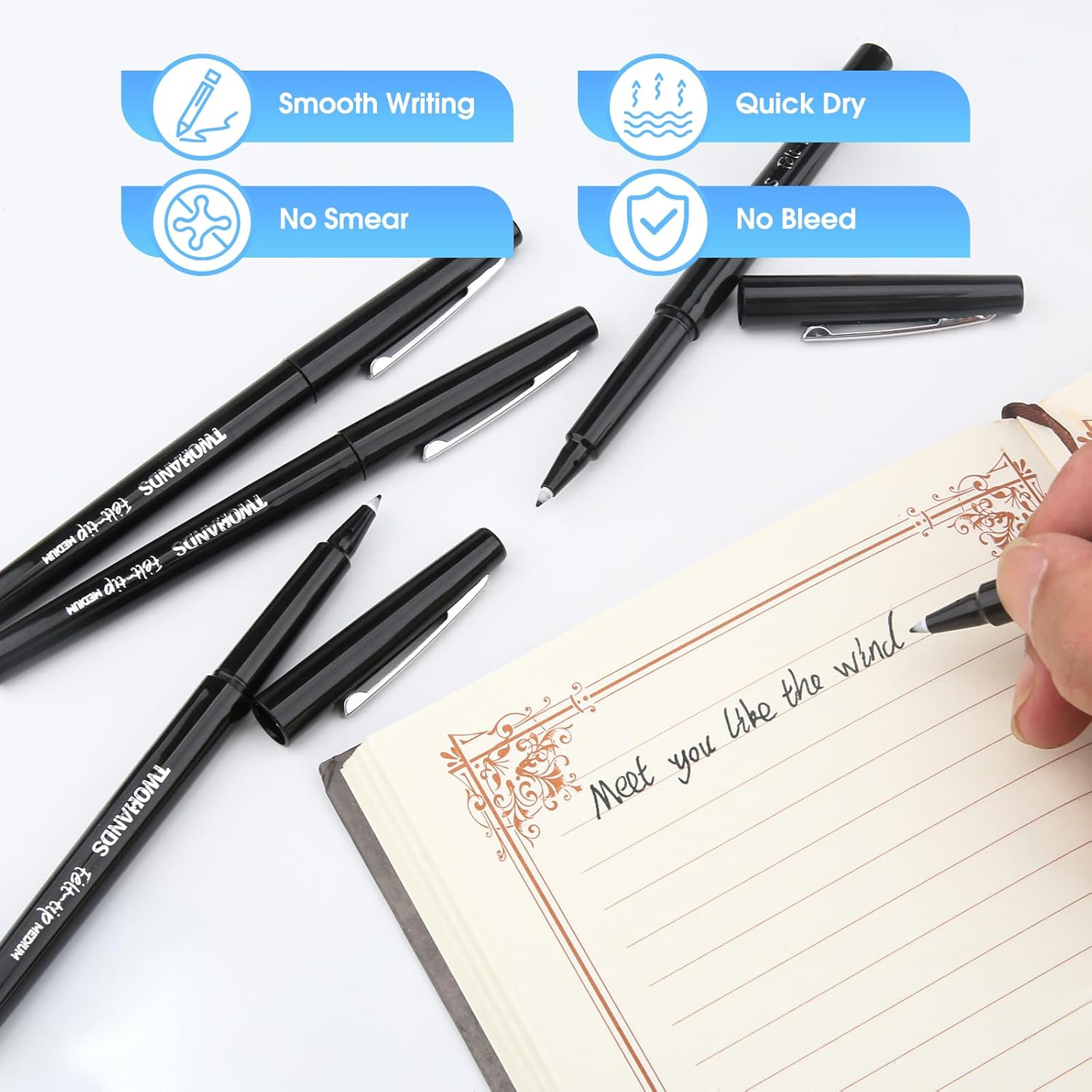 TWOHANDS Felt Tip Pens Fine Point Marker Pens,Black Fineliners,Medium Point(0.7mm),Journaling, Note Taking,Writing Markers,Fast Dry,12 count, 22011 - Image 2