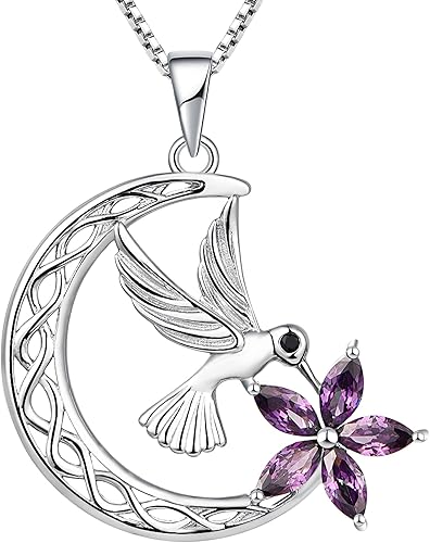 YL Collar de colibrí de plata de ley 925 con colgante de luna celta chapada en oro blanco de 18 quilates, joyería de flores para mujer