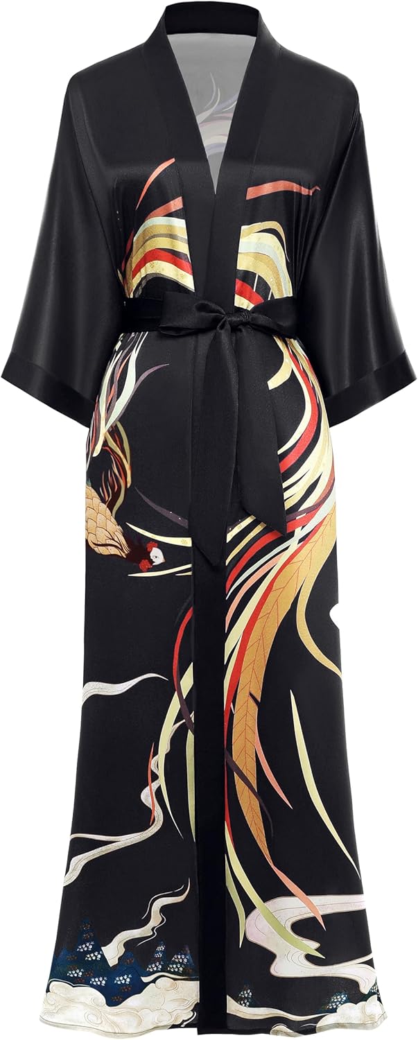 PRODESIGN Long Kimono Robe Satin Sleepwear Phoenix Handprinted Silky Nightgown Bathrobe Blouse Cardigan for Women