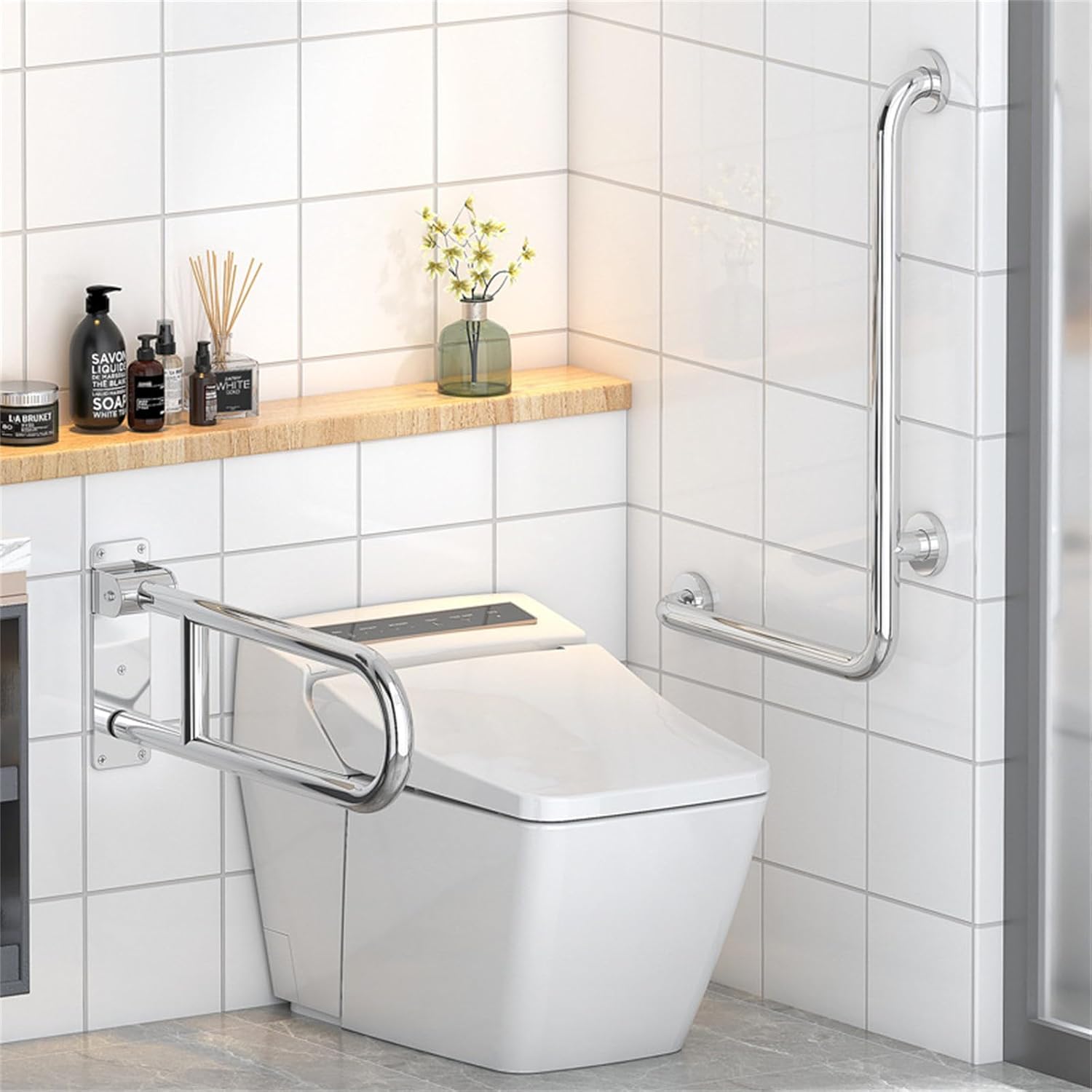 Toliet Handrail, Stainless Steel Foldable Toilet Grab 23.6" Safe Handle with Paper Holders Heavy Duty Support Handle for Bathroom Support