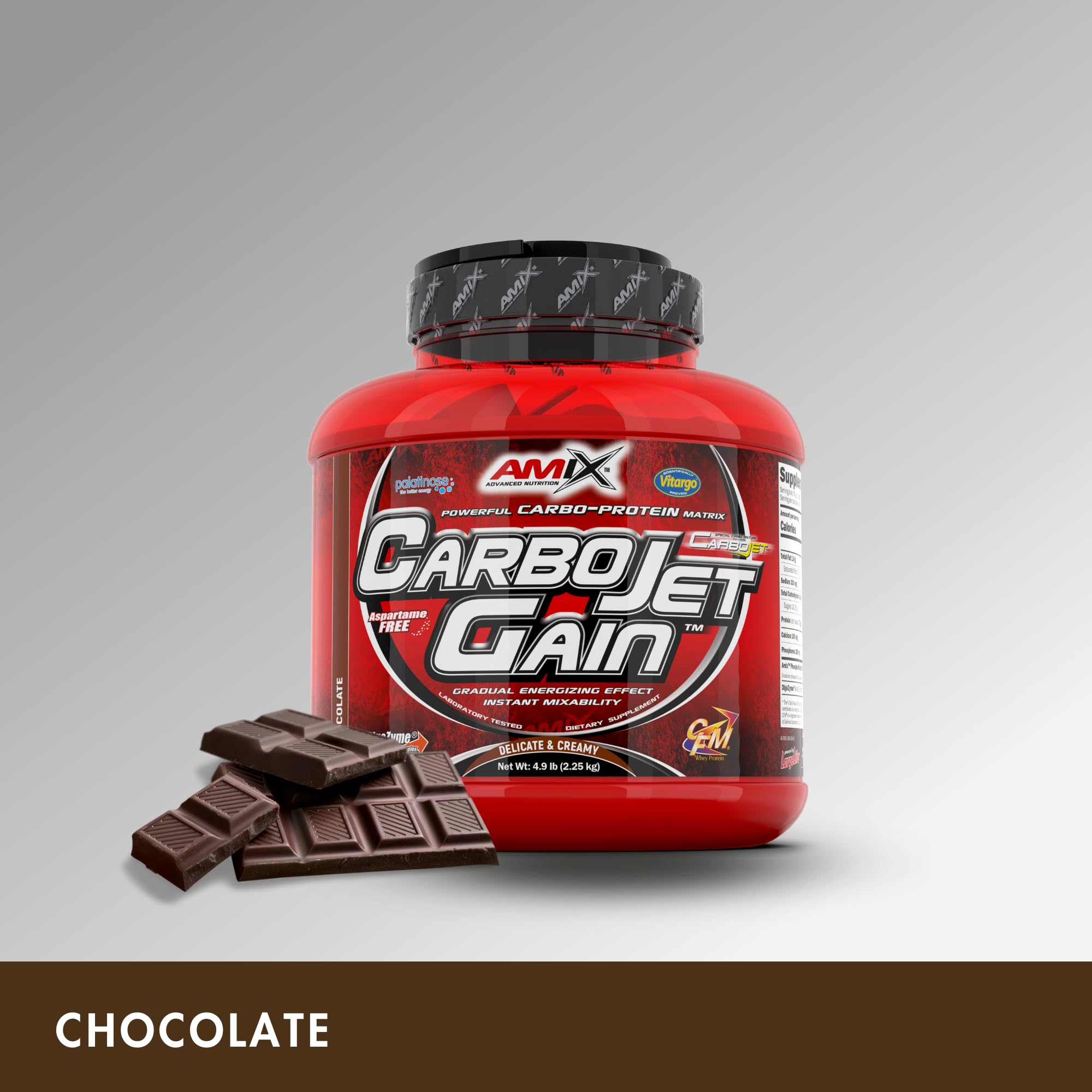 AMIX - Proteína en Polvo Carbojet Gain - Suplemento con Hidratos de Carbono -Proteína para Ganar Masa Muscular - Ideal para Atletas de Élite - Sabor Chocolate - 2,25 KG