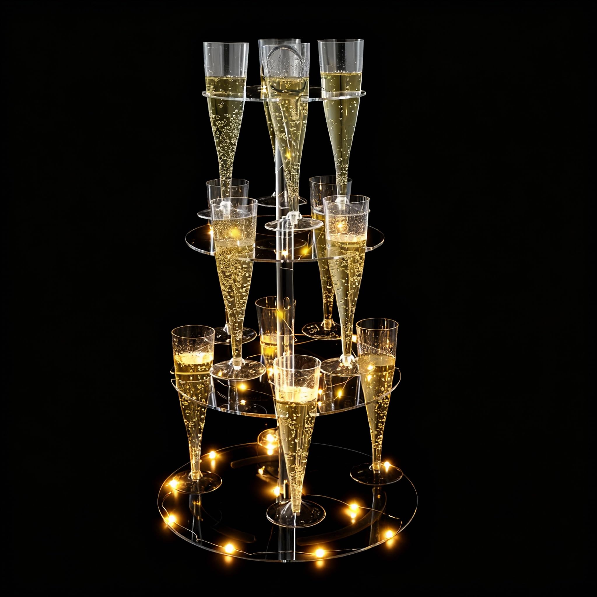 Cocktail Tree Stand, Clear Acrylic Drink Tower, 3 Tier - 12 Holders with Light String for Party For Champagne, Martini, Margarita Cups, 12.4″*21.5″