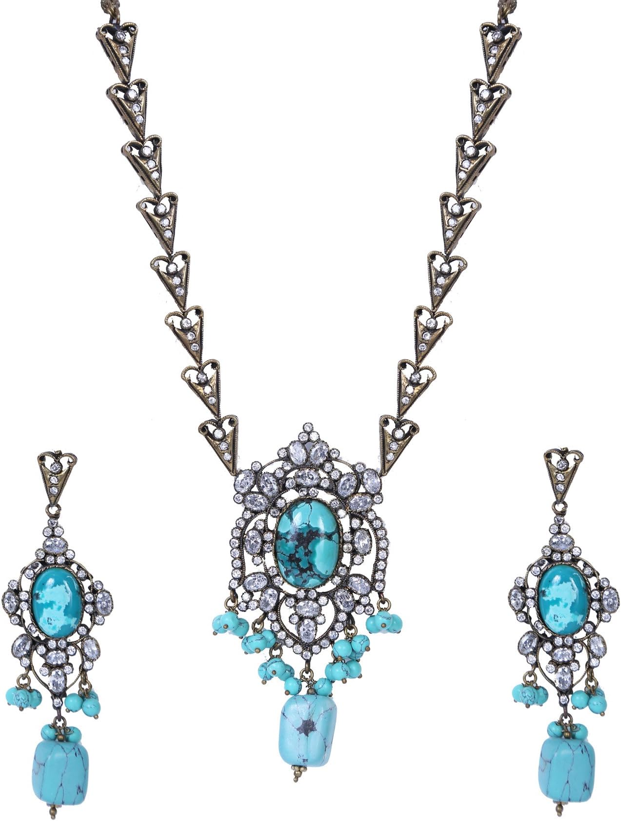 Traditsiya Feroza Turquoise Blue Stones Crystal Pendant Necklace Set WNS954