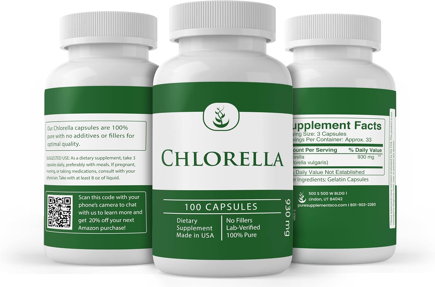 Pure Chlorella Capsules Natural, Gluten Free, Source of Chlorophyll : Health & Household