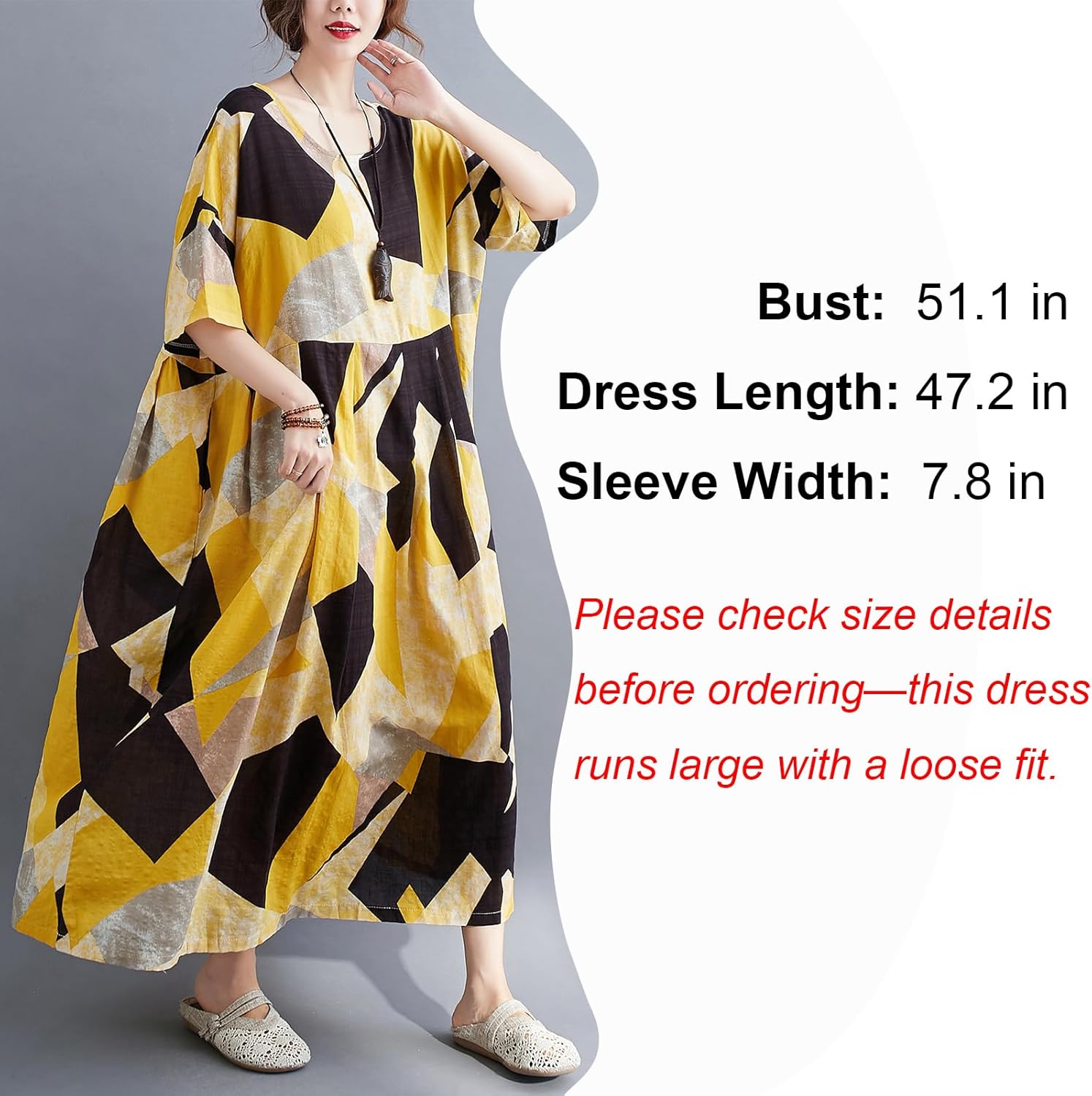 Women Plus Size Color Block Dress Geometric Block Print Round Neck Side Pockets Casual Loose Dresses - Image 2
