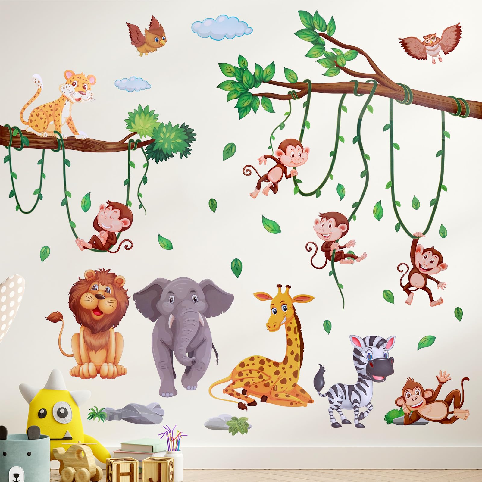 JIZZU Pegatinas de Pared Animales, Pegatinas pared Decorativas Infantiles para Bebé Kid Room, Decoración de la pared del Hogar, León Leopardo Elefante Mono Cebra Búho Jirafa Animal Wall Stickers