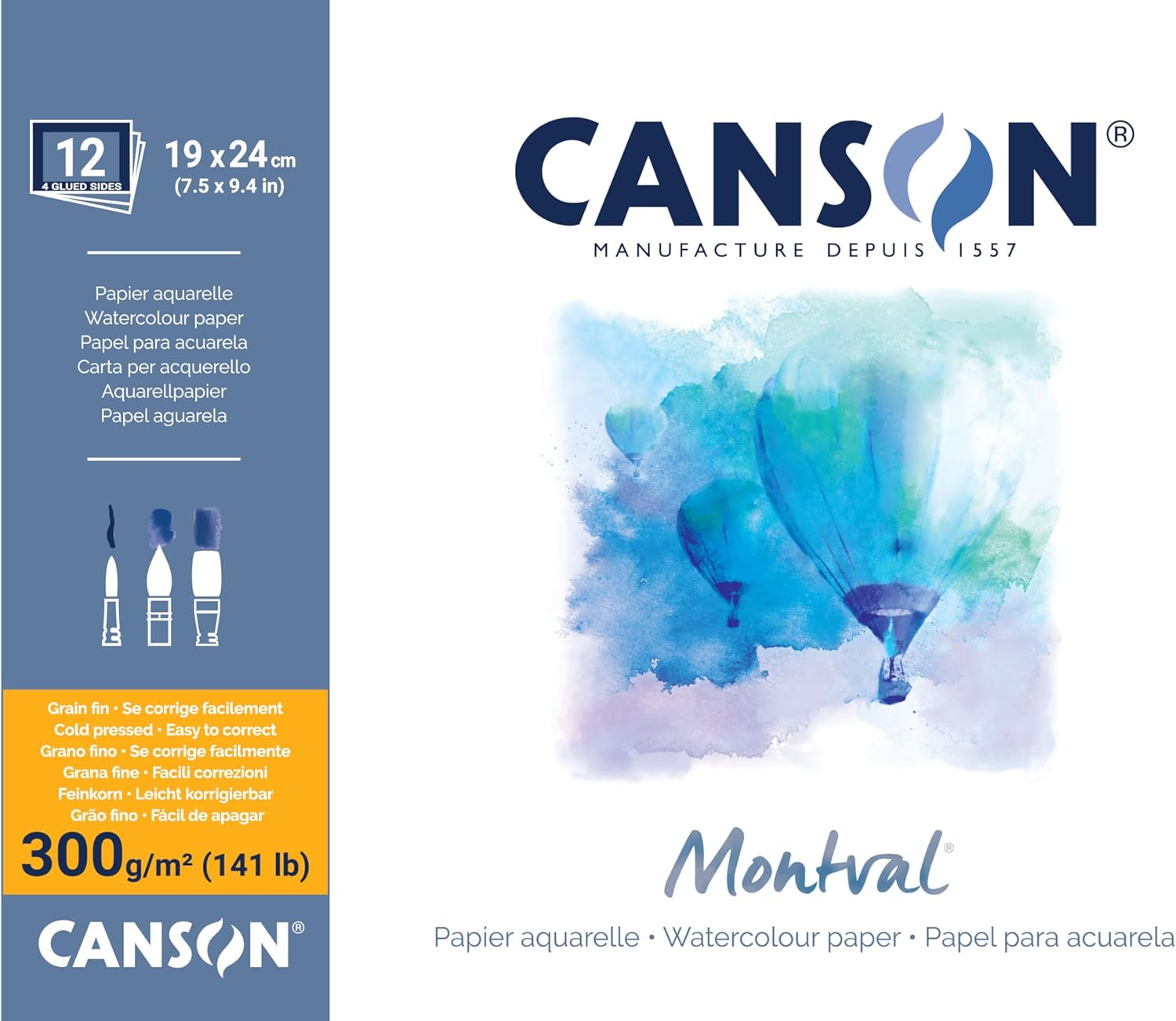 CANSON Montval 19 x 24 cm Fine Watercolour Paper, 300 g/m², Glued All Around Pad, White, 12 Sheets