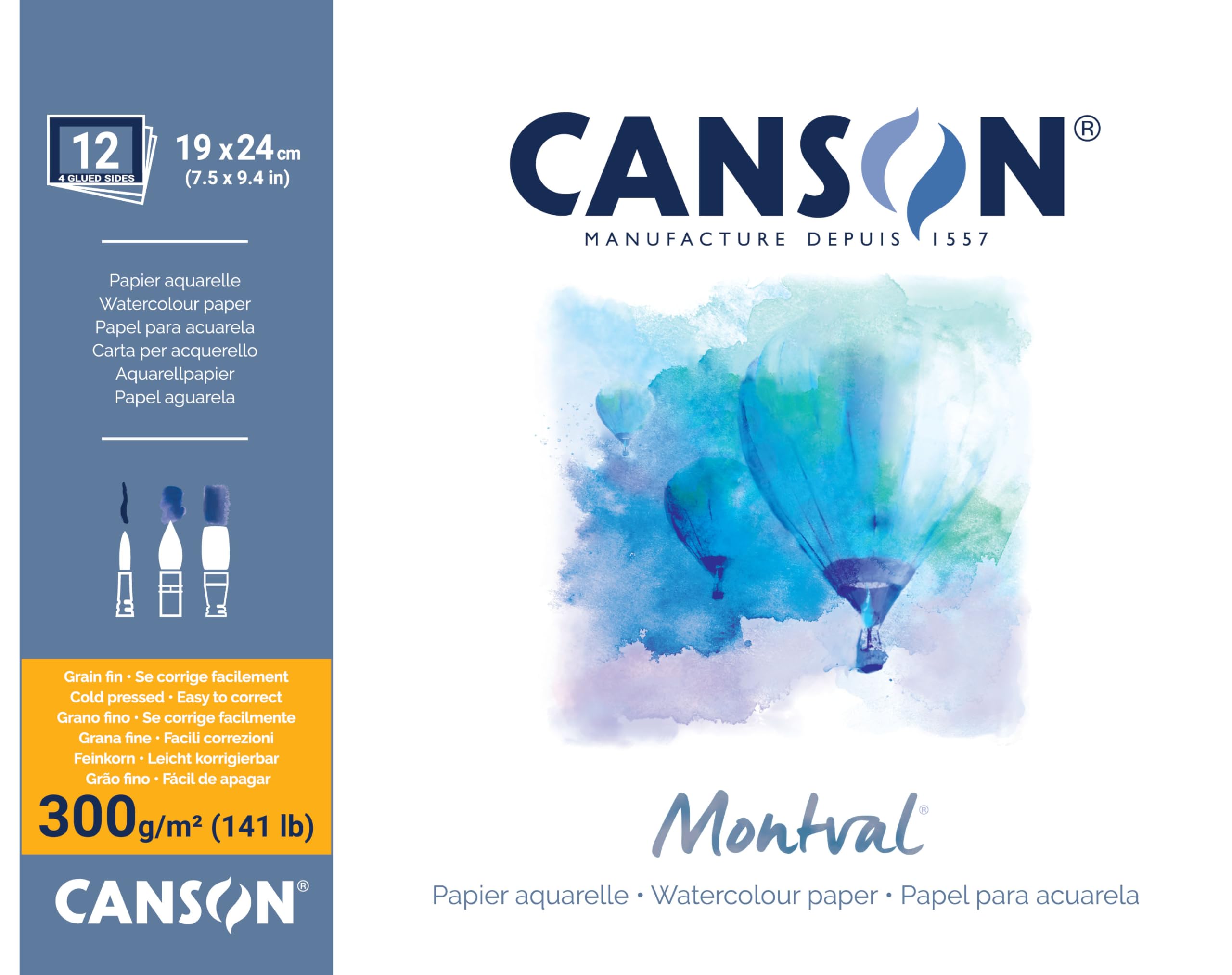 CANSON Montval, Aquarellpapier, fein, 300 g/m², rundum geleimter Block, 19 x 24 cm, Weiß, 12 Blatt