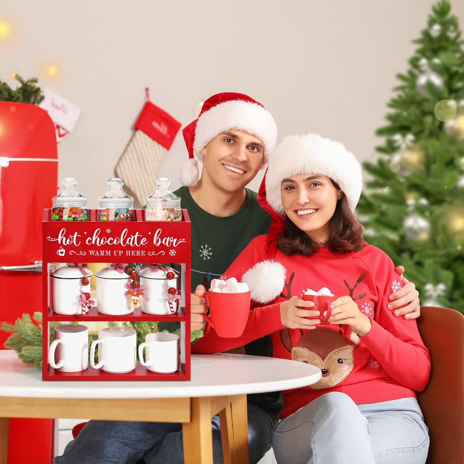 Huray Rayho Wooden Hot Chocolate Bar Organizer Coffee Bar Station Christmas Hot Cocoa Bar Container Storage Box for Mug Coffee Cup Hot Cocoa Supplies Accessory Kitchen Home Decor House Warming Gift