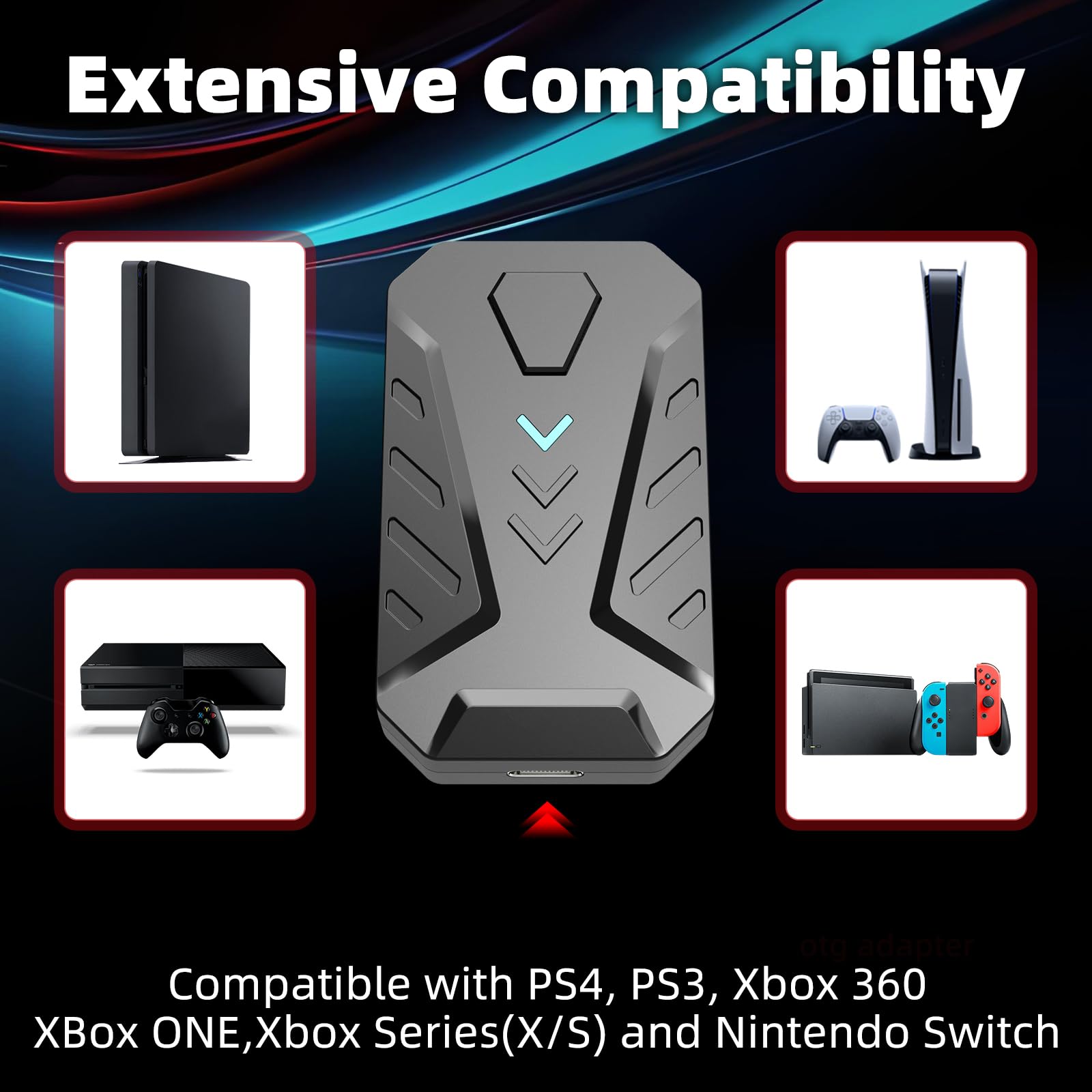 Flylin Adaptateur de clavier de souris, convertisseur de contrôleurs de jeu Plug and Play avec câble de type C, convertisseur de clavier portable et de souris pour PS3/PS4/X360/X-One