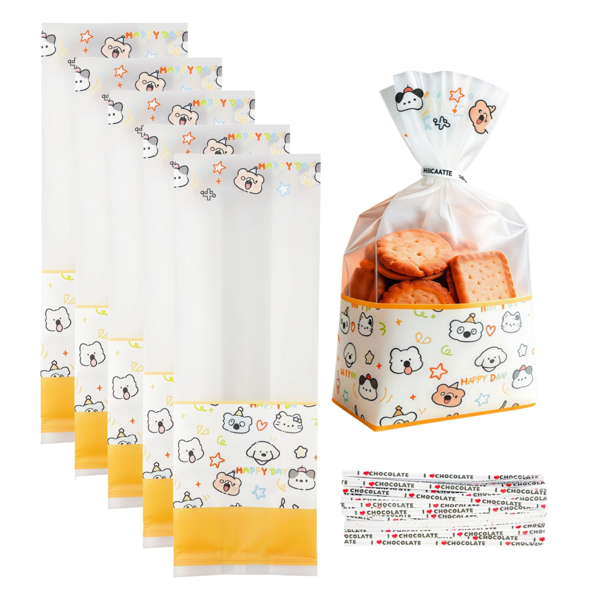 WACCOMT Pack 50pcs Small Clear Cartoon Cellophane Gift Bags with Twist Ties