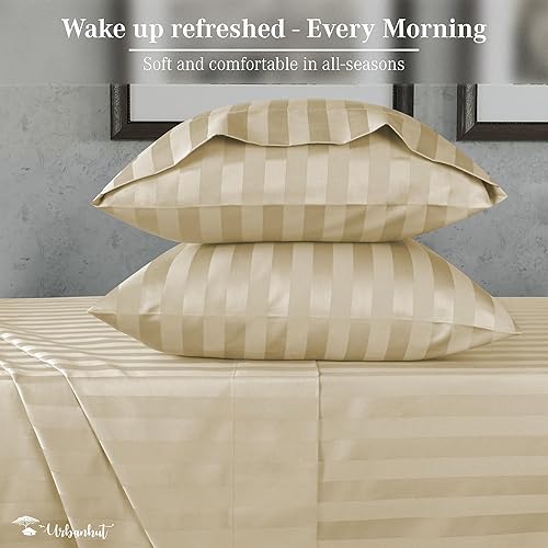 Miniatura 3 de URBANHUT Sábanas de algodón egipcio de 1000 hilos a rayas de damasco tamaño Queen, fibra larga, suaves y transpirables, juego de sábanas de 4