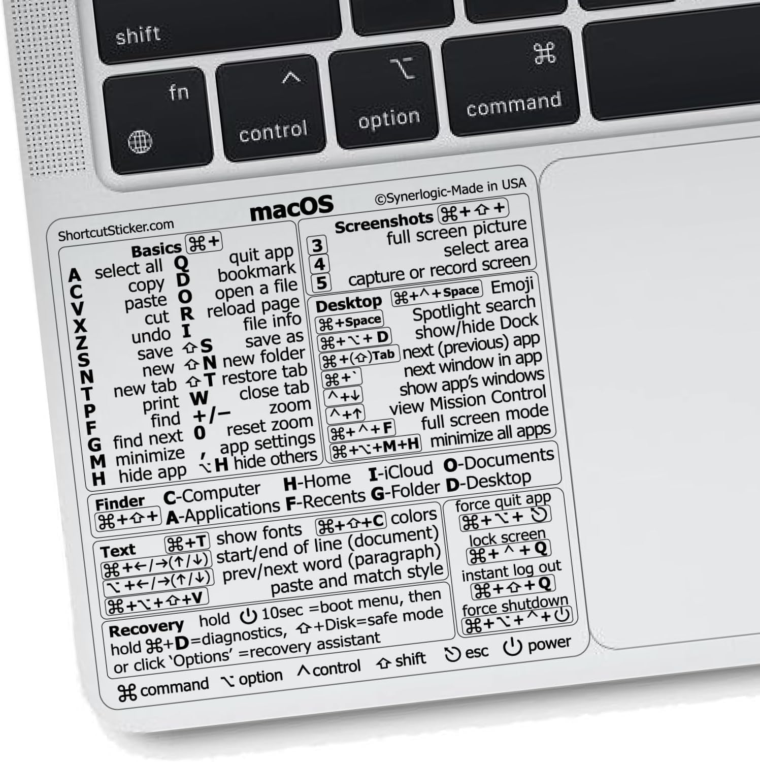 SYNERLOGIC (10pcs) Mac OS (Ventura/Monterey/Big Sur/Catalina/Mojave) Keyboard Shortcuts, No-residue Clear Vinyl Sticker, Compatible with 13-16-inch MacBook Air and Pro (Pack of 10)