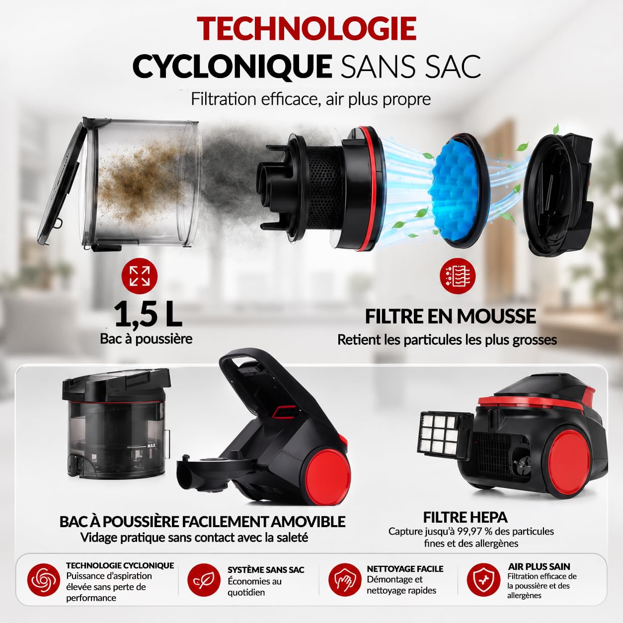 Lehmann Aspirateur sans Sac Cyclonique avec Commande à Poignée, Double Filtration avec Filtre HEPA, Compact, Réservoir 1,5 L, Aspirateur Traîneau Puissant avec 4 Modes Multi-Surfaces