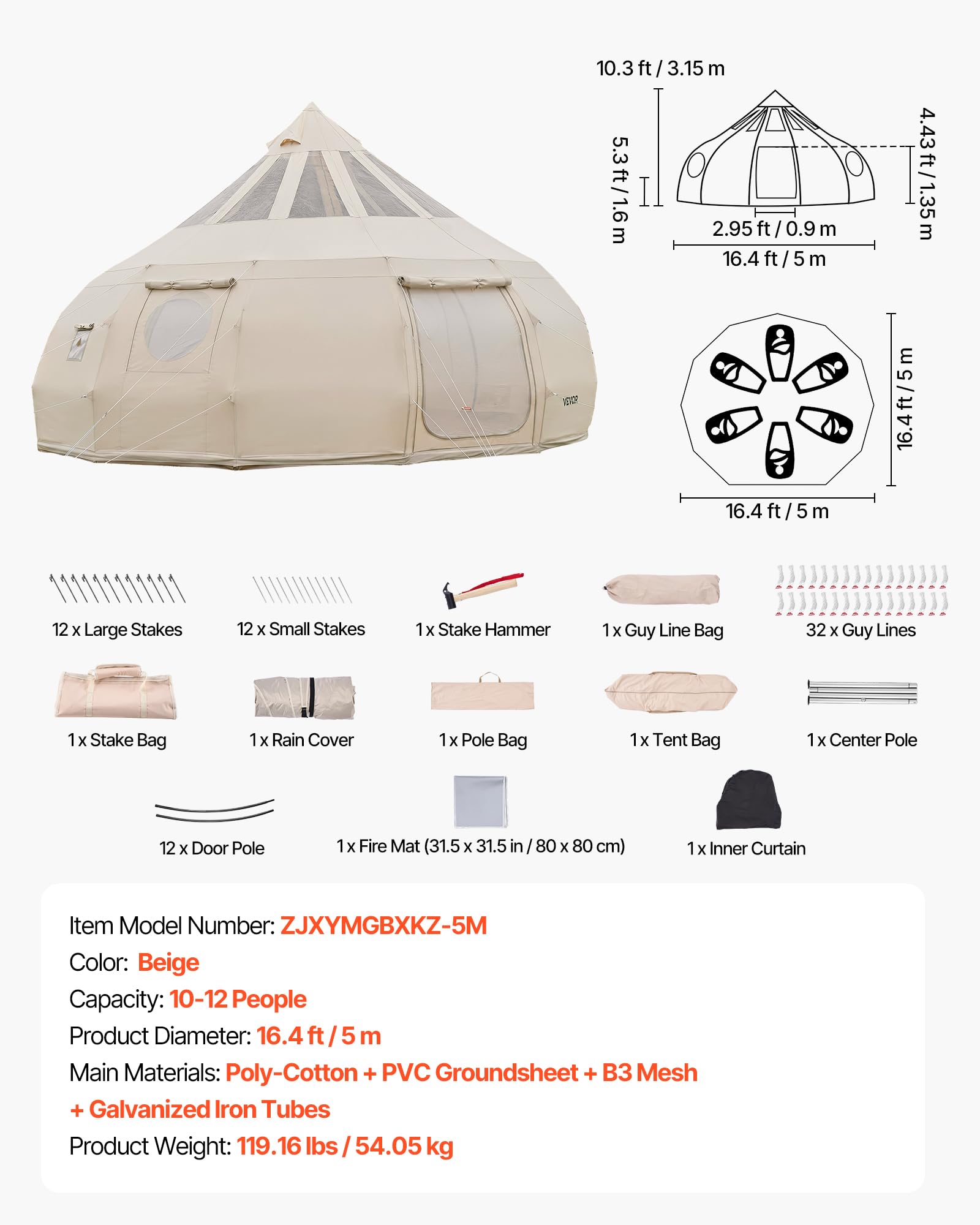 VEVOR Canvas-Glockenzelt, 5 m Jurte, 4 Jahreszeiten, mit Ofenrohrdurchführung & Regenhülle, Poly-Baumwoll-Gewebe, bis zu 12 Personen, für Familien-Camping, & Andere Outdoor-Aktivitäten, Beige