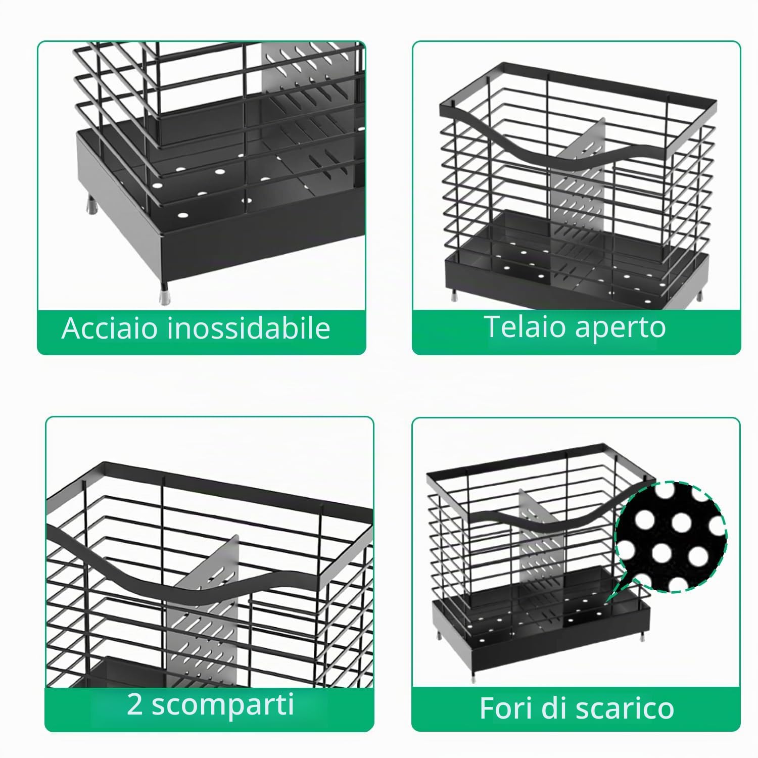Portautensili per Posate, Cestello Portaposate Acciaio inox Scolaposate con 2 Scomparti e Scarichi Organizzatore di Posate per Forchette,Coltelli,Cucchiai, Ideale per Lavello da Cucina Piano di Lavoro