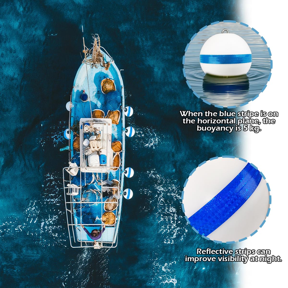 Bouée d'amarrage de bateau, bouée d'ancrage de 30,5 cm pour bateau, bouée flottante blanche avec bandes réfléchissantes bleues pour bateaux