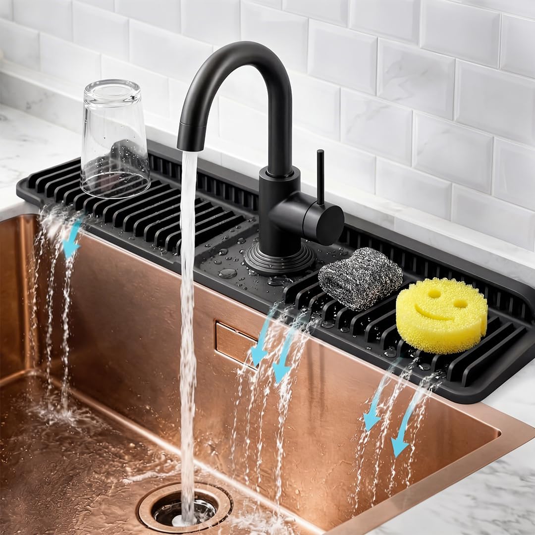 No More Wet Counters – 24” Silicone Faucet Mat for Kitchen Sink, Custom Cut Fit, Fast Self-Draining, Stays in Place (Black 23.5” x 5.5”)