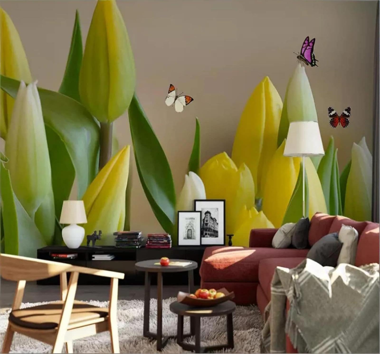 XLMING Fresh Three Dimensional Beautiful Tulips Butterflies 3D Wallpaper Luxury Silk Study Dining Feature Sofa Grey Bedroom Living Room Tv Decorative Wall-300cm×210cm