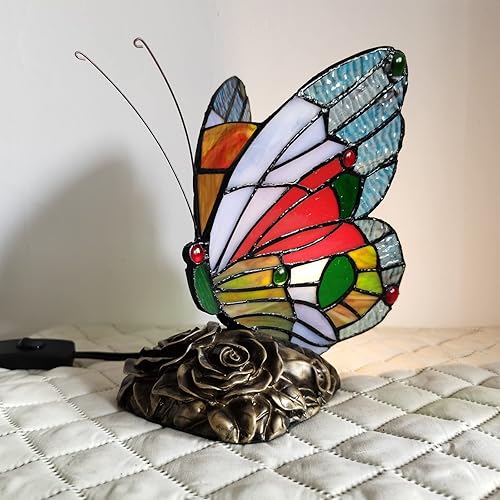 Miniatura 5 de Lámpara de mesa Tiffany LED azul rojo mariposa vidrieras lámparas de mesa de noche interruptor de apagado lámpara de escritorio de oficina en casa