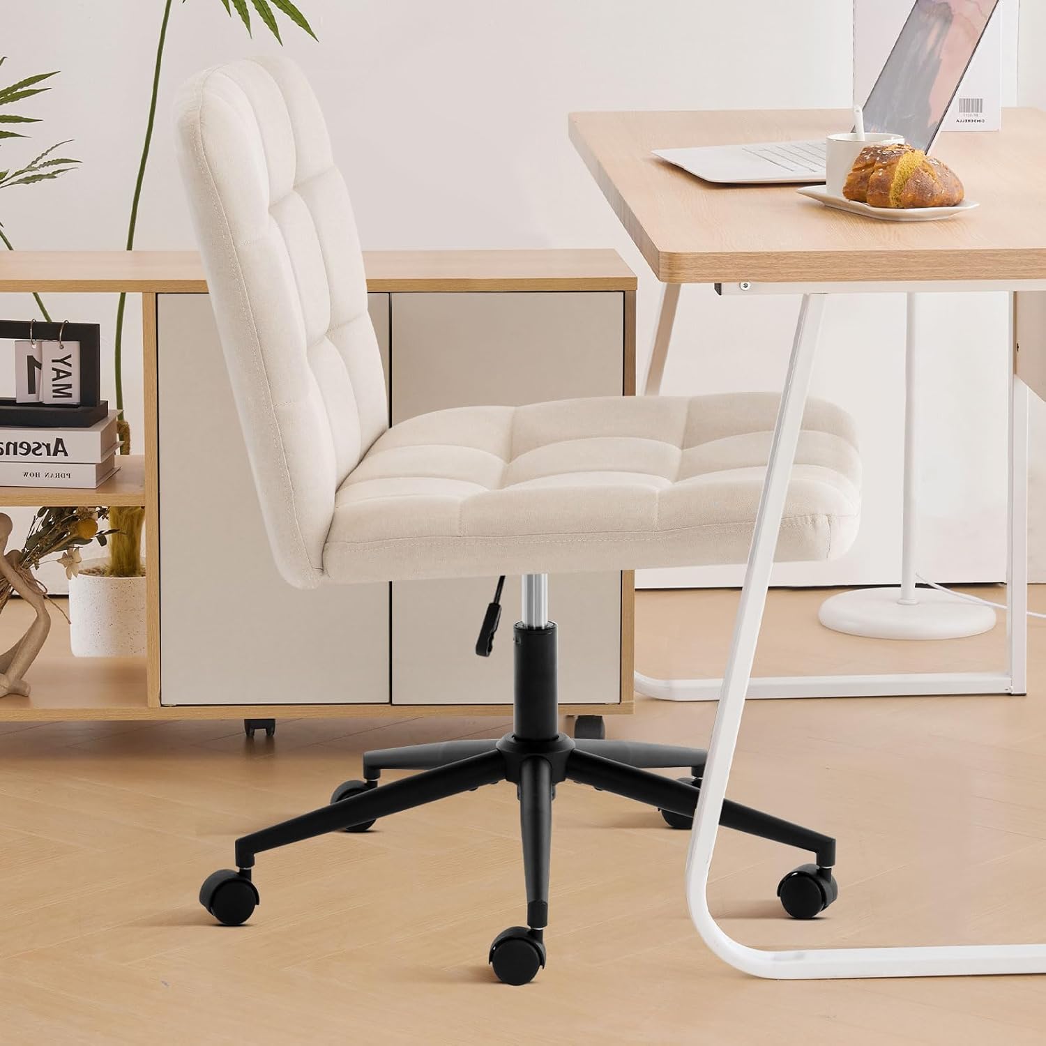 Furniliving Home Office Desk Chair with Wheels,Criss Cross Legged Wide Chair Armless Height Adjustable Chair with Mid Back Swivel Accent Vanity Chairs,Linen-Beige